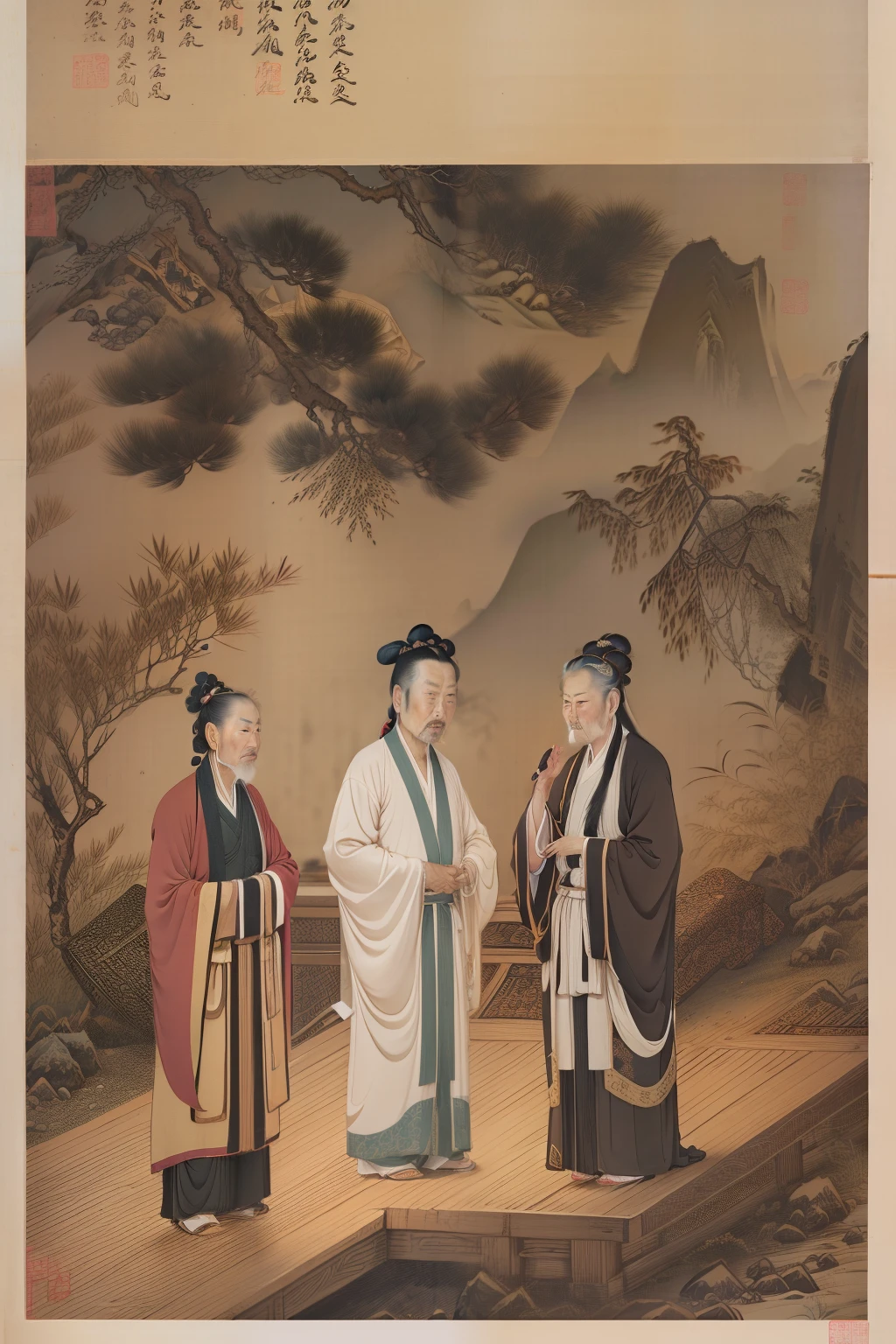 Li Shizhen is an elderly man,Tall,Long hair shawl,Wear Tang dynasty costumes,The body is plump and full,Feel at ease,Stand in front of the wooden house,Admire the wormwood growing on the ground,The wooden house is at the foot of the mountain,Sunset,There are several hanging trees nearby。
