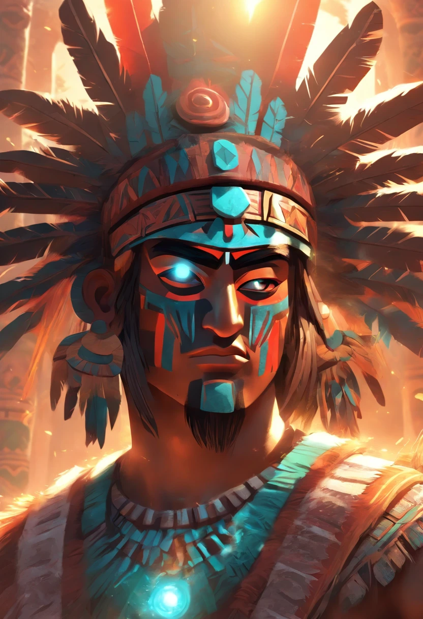 (((Aztec God))) best quality, ultra-high resolution, 4K detailed CG, masterpiece, Huitzilopochtli ,god of war,sun god, Aztec mythology, Aztec temple, Aztec clothing, ray of light, Mexico, aesthetics, beautiful image, centered on the screen