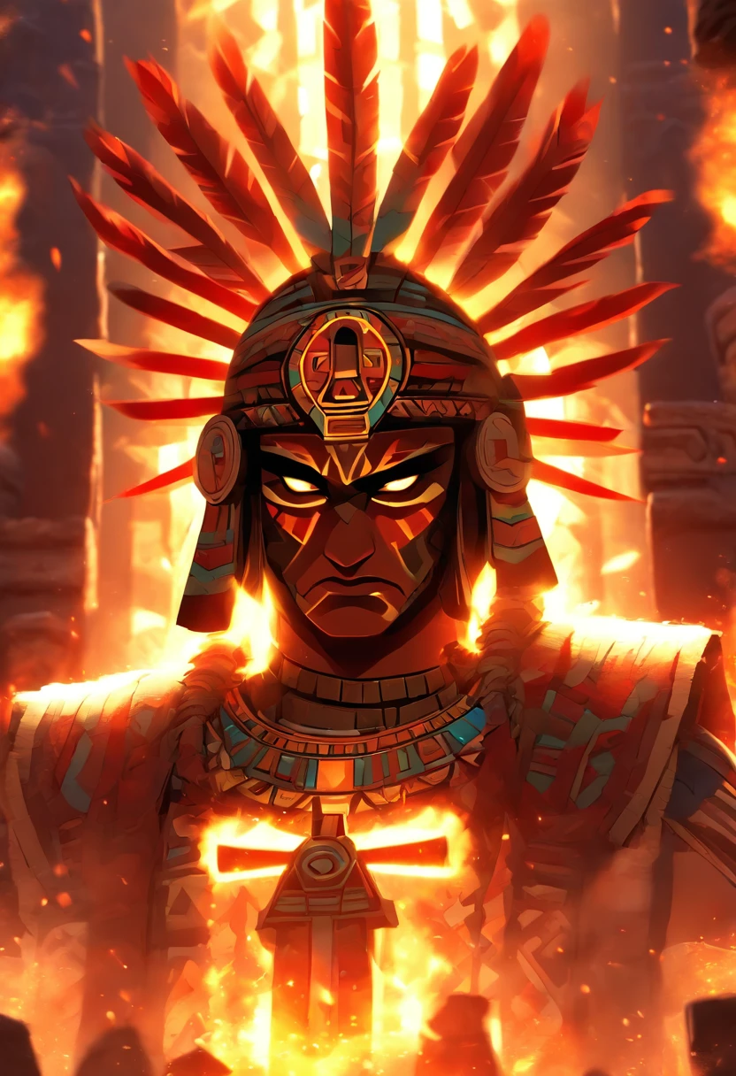 (((Aztec God))) best quality, ultra-high resolution, 4K detailed CG, masterpiece, Huitzilopochtli ,god of war,sun god, Aztec mythology, Aztec temple, Aztec clothing, ray of light, Mexico, aesthetics, beautiful image, centered on the screen