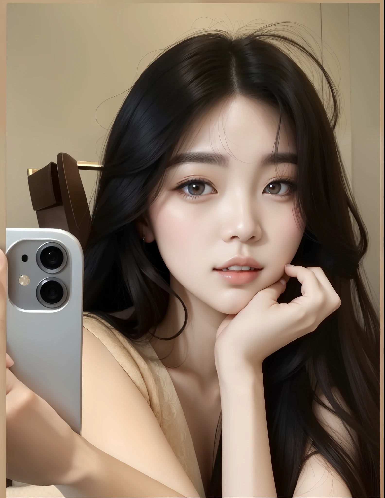 A close-up of a woman holding a cell phone in her hand, maquillaje popular de Corea del Sur, maquillaje coreano popular, Joven y adorable rostro coreano, Hermosa joven coreana, Hermosa mujer surcoreana, Rasgos de la cara coreana, Hermosa joven coreana, 8k selfie photograph, young cute wan asian face, Wan adorable cara coreana, Chica coreana, ulzzang, Beautiful aesthetic face