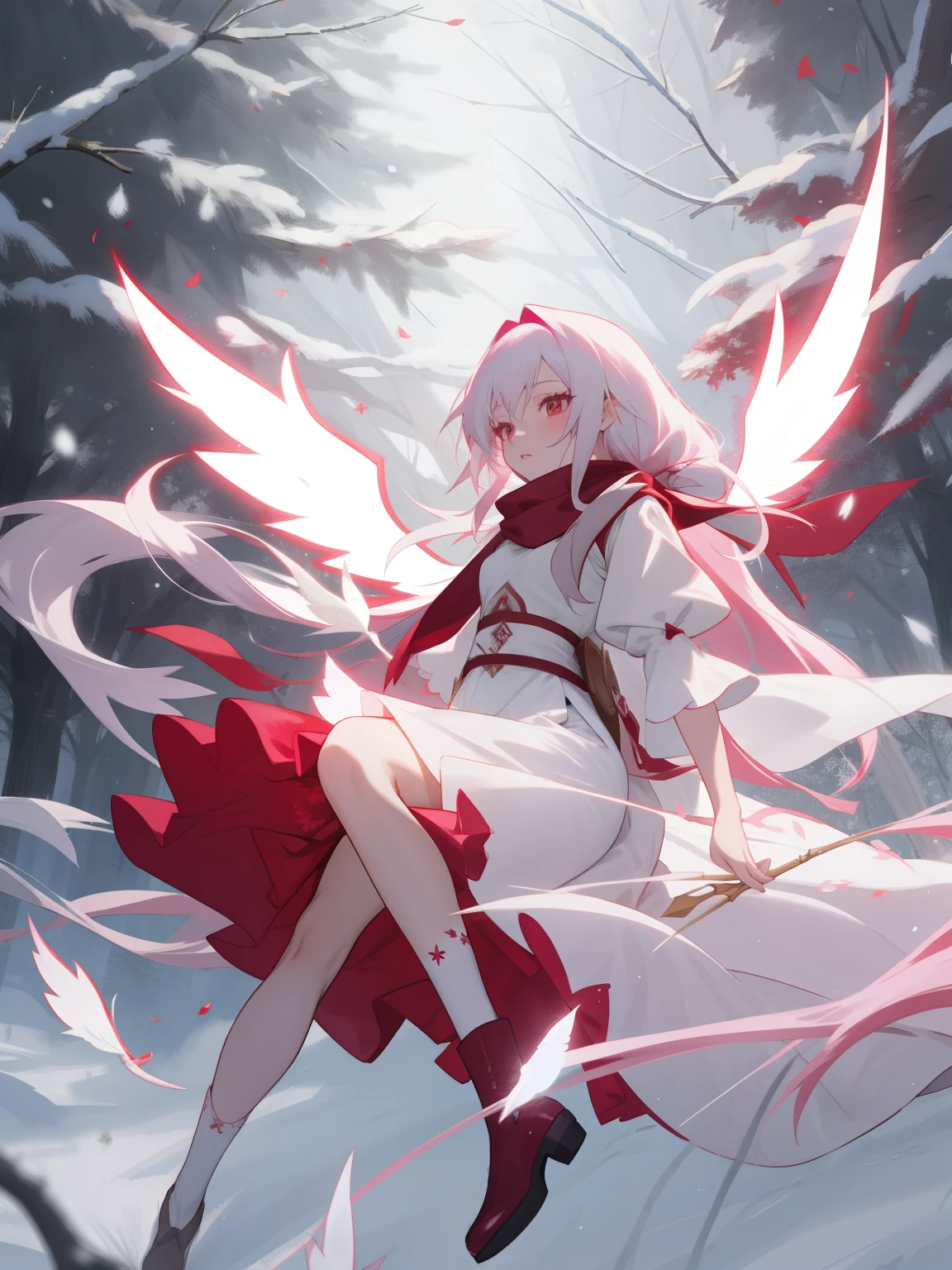 Anime game Arcane Garden's of the Great White Empire - Crazy fairy, snow white skin, long hair with straight locks, ash hair, pink empty eyes, white feather wings folded down, long white and ash scarf, white and ash dress with a short skirt, scarlet patterns of tree branches from the Ash Garden in the background, dark scarlet patterns of snowflakes on the dress, long burgundy socks, dark scarlet boots