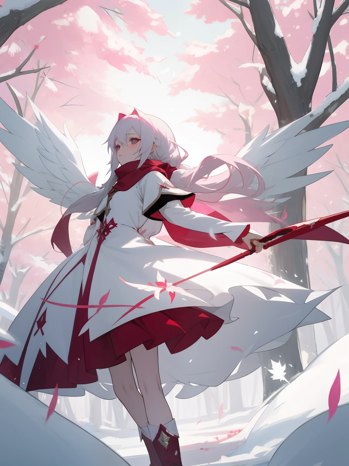 Anime game Arcane Garden's of the Great White Empire - Crazy fairy, snow white skin, long hair with straight locks, ash hair, pink empty eyes, white feather wings folded down, long white and ash scarf, white and ash dress with a short skirt, scarlet patterns of tree branches from the Ash Garden in the background, dark scarlet patterns of snowflakes on the dress, long burgundy socks, dark scarlet boots