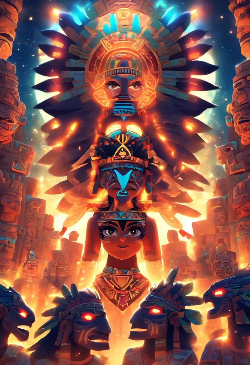 (((Aztec Goddess))) best quality, ultra-high resolution, 4K detailed CG, masterpiece, Coyolxauhqui ,moon goddess, Aztec mythology, Aztec temple, Aztec clothing, night, Mexico, aesthetics, beautiful image, centered on the screen