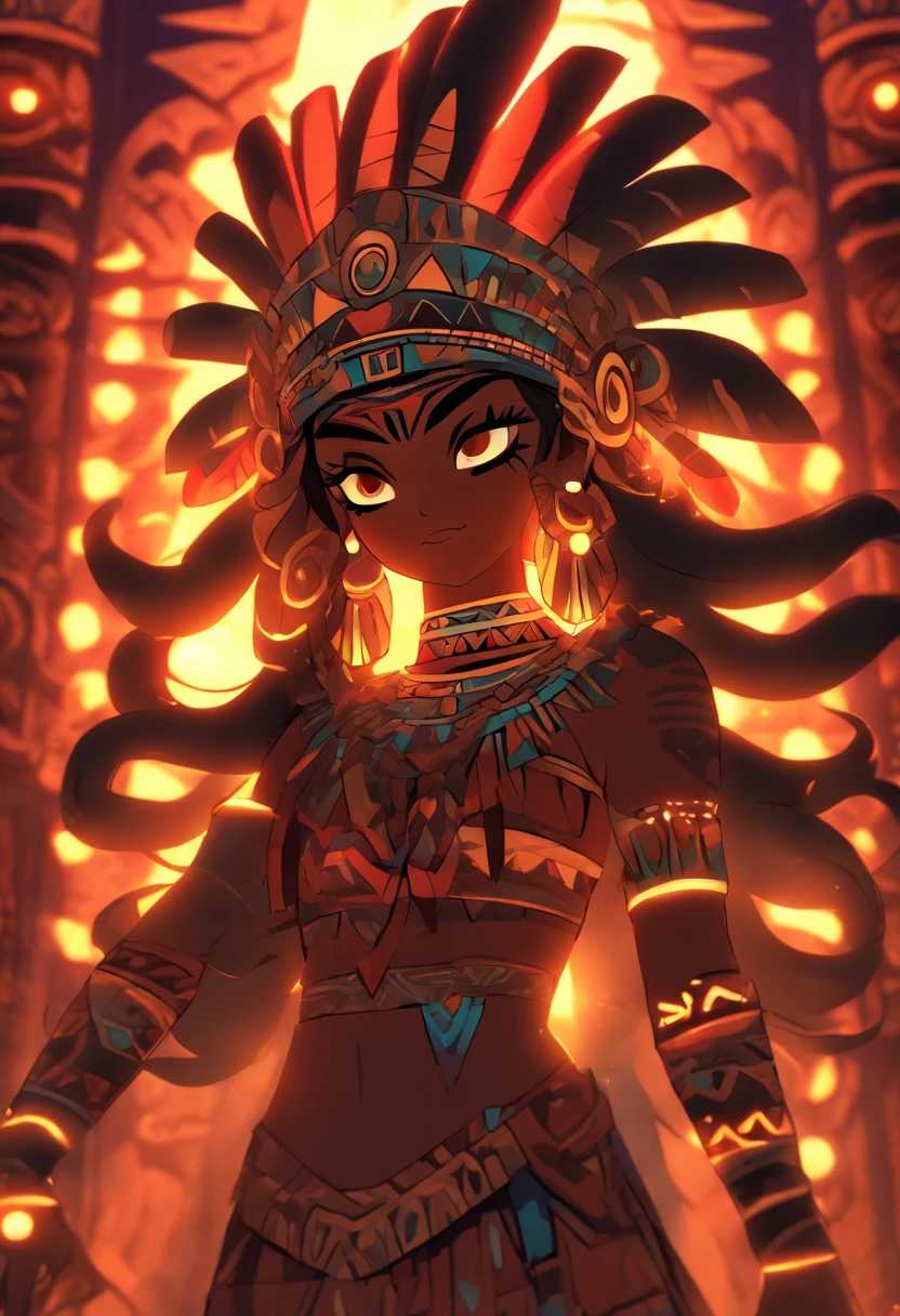 (((Aztec Goddess))) best quality, ultra-high resolution, 4K detailed CG, masterpiece, Coyolxauhqui ,moon goddess, Aztec mythology, Aztec temple, Aztec clothing, night, Mexico, aesthetics, beautiful image, centered on the screen