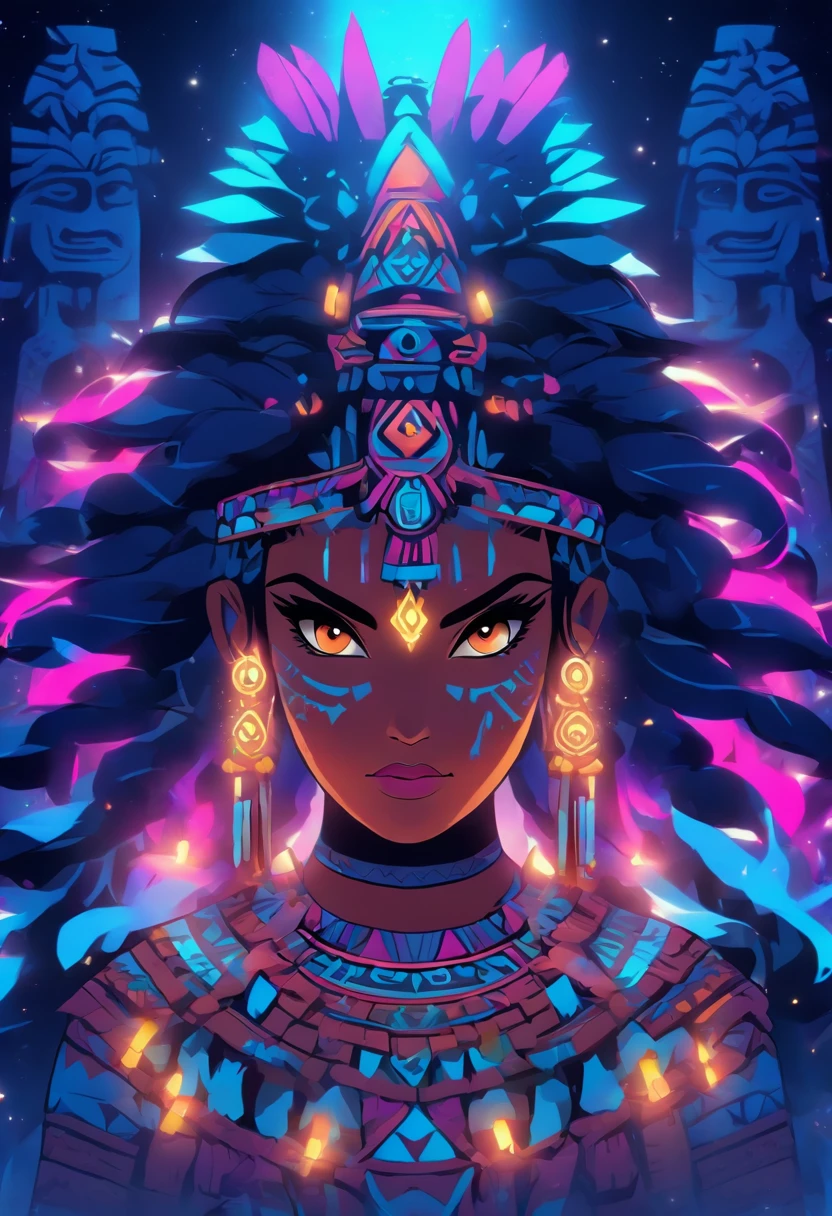 (((Aztec Goddess))) best quality, ultra-high resolution, 4K detailed CG, masterpiece, Coyolxauhqui ,moon goddess, Aztec mythology, Aztec temple, Aztec clothing, night, Mexico, aesthetics, beautiful image, centered on the screen