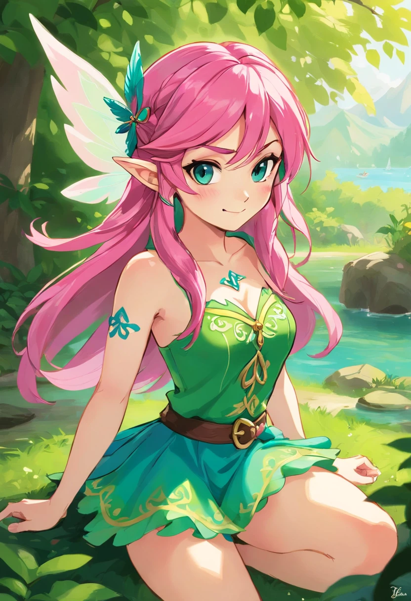 Pirate Fairy, pink fairy wings, swamp-green and teal pirate outfit, pink pirate bandana, masterpiece, best quality