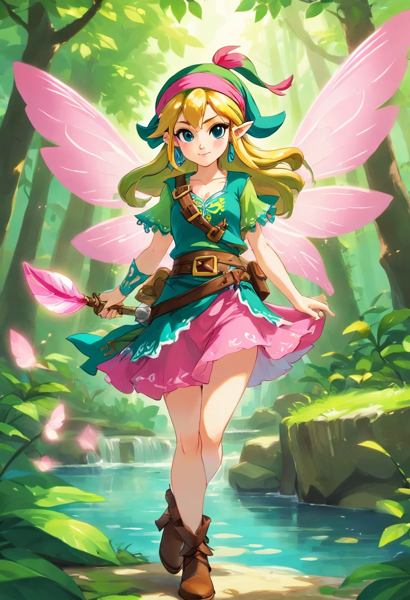Pirate Fairy, pink fairy wings, swamp-green and teal pirate outfit, pink pirate bandana, masterpiece, best quality
