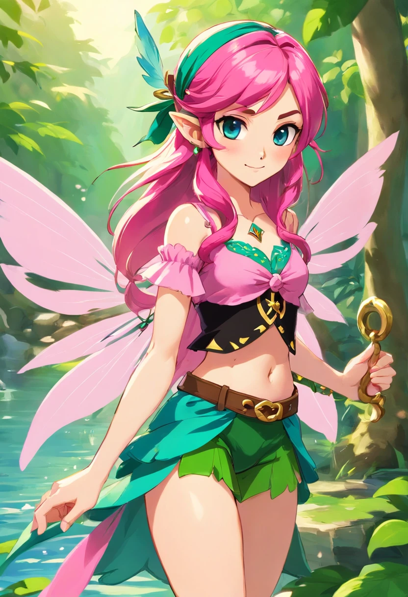 Pirate Fairy, pink fairy wings, swamp-green and teal pirate outfit, pink pirate bandana, masterpiece, best quality