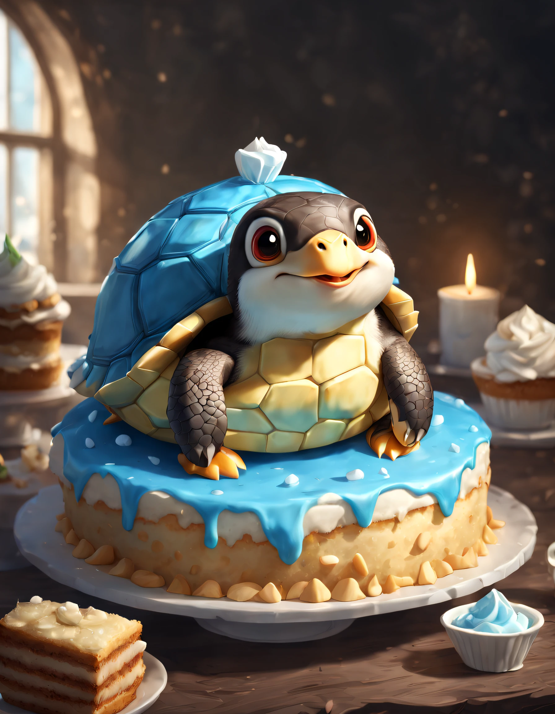 (anthropomorphic turtle:1.4，)Very cute and tempting Antarctic penguin fresh cake, kawaii, looking at viewert,macro, Cinematic lighting, Fantasy art, Dynamic composition, epic realistic, award-winning illustrations，Food pets