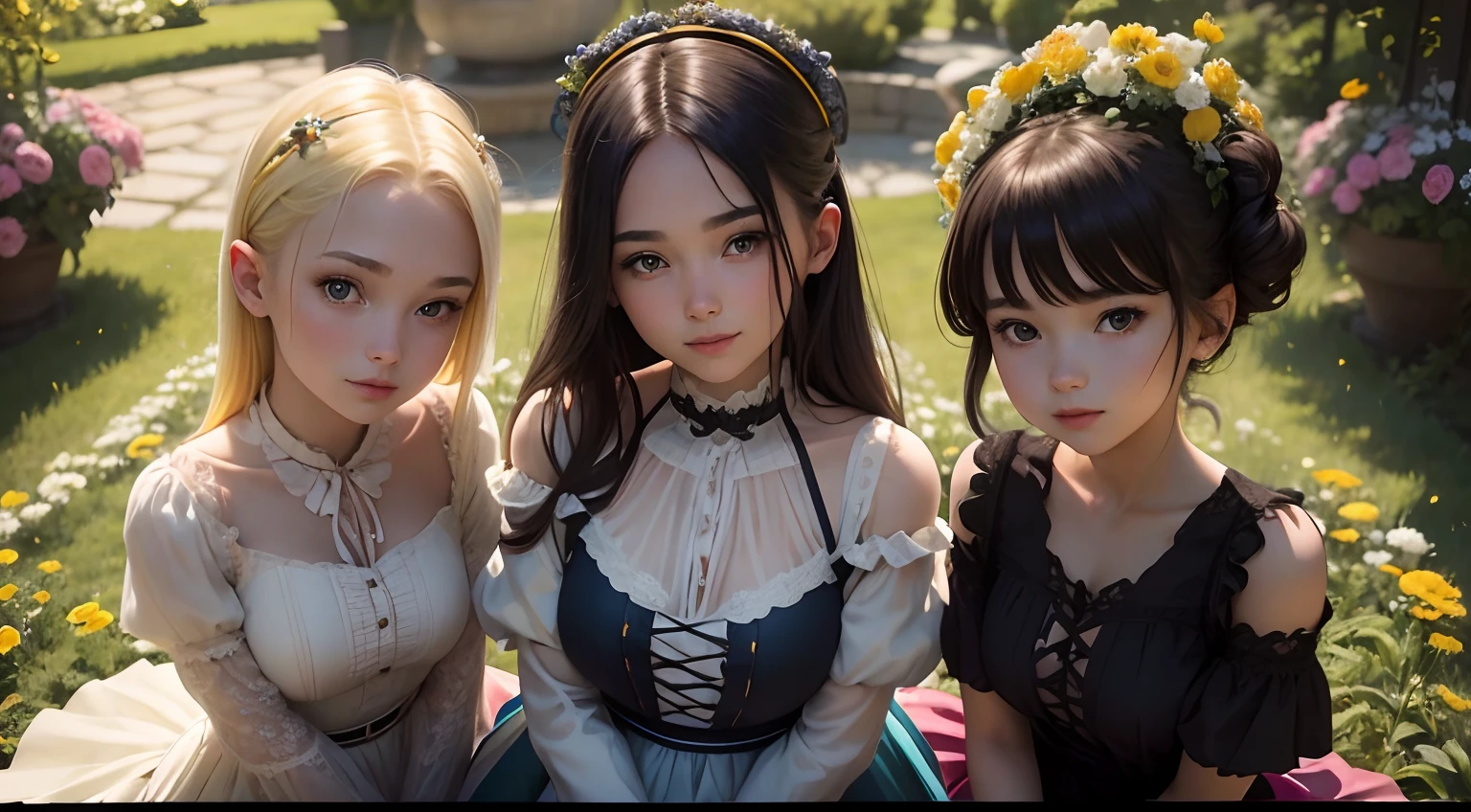 Full portrait photo from top to bottom of a beautiful 18-year-old girl like in a fairy tale, sitting in a flower-filled garden next to cute girls, girl wearing a modern, cool short skirt, yellow hair blonde, blue eyes, radiant smile, big breasts, slim waist, long white legs...