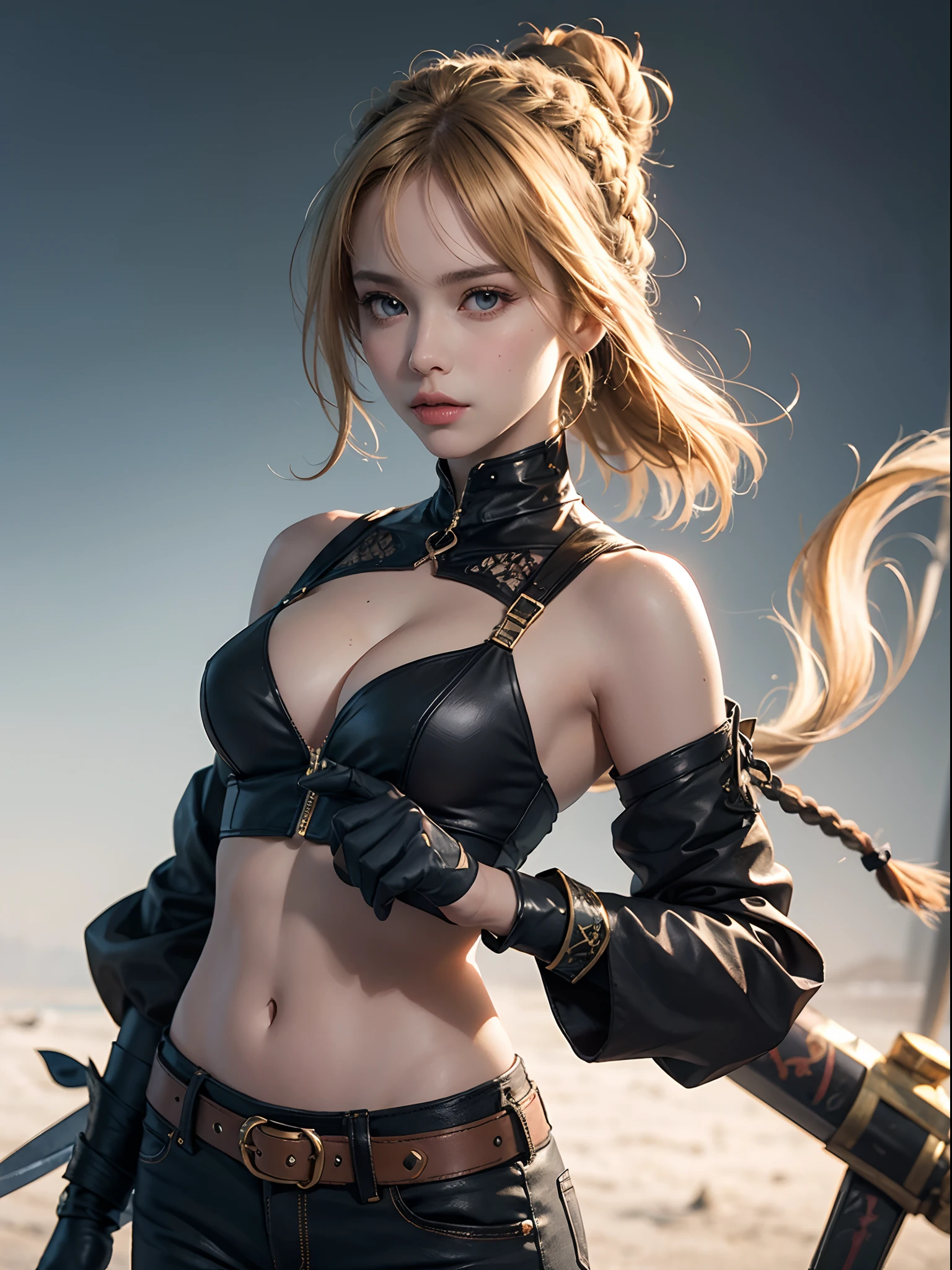 Unbeatable masterpiece, Ultra photo realsisim , Perfect artwork , Intricate details , Best quality , Strong light , High contrast , Dynamic pose , Dutch angle , ((Depth of field:1.8)) , 1 girl , Solo , Armor , Learn about the changes , Breasts , Shoulder blades , Braid , mitts , ribbon , single hair bun ,hair-bun , Blonde hair , sword , Artoria Pendragon(fate) , arma , pauldrons , Hair ribbon , yellow-eyed , side locks , bangs , Pants , french braid , fundo vermelho , Black pants , belt , Cowboy shot , longer sleeves , cleavage , Black ribbon , Excalibur Morgan(fate) , Closed mouth , Medium breasts , Pedras preciosas , Shorthair , Big breasts , Braided bun , From the side Side , Center opening , sword sheath , looks away