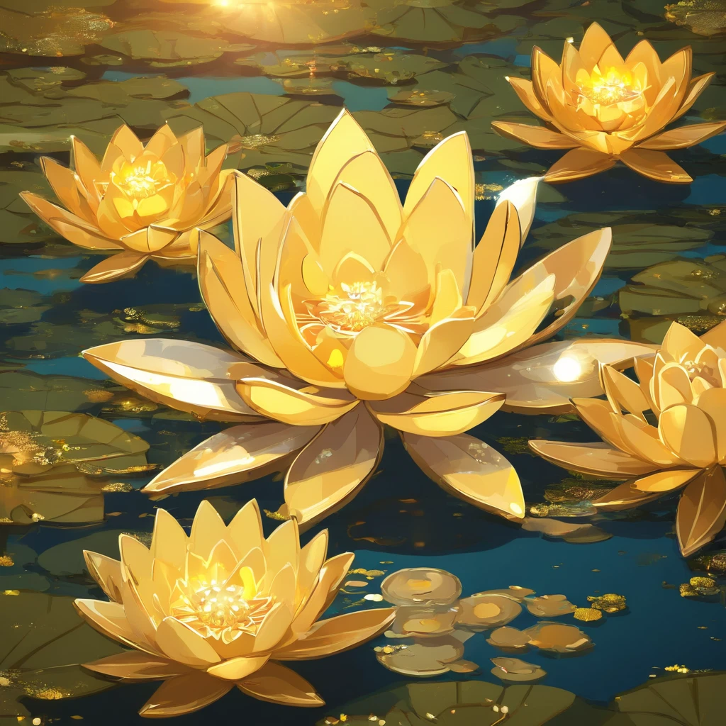 Golden water lilies, lotus petals, radiating golden light, Lotus, with lotus flowers, glowing golden aura, a golden halo, soft golden light, glowing delicate flower, lotuses, gold ethereal light, gold flowers, sitting on a lotus flower, gilded lotus princess, Golden glow, Golden light, golden background with flowers, (Extremely detailed CG Unity 16k wallpaper:1.1), (Noise Removal Strength: 1.45), (tmasterpiece:1.37), Ray tracing, god light, hyper HD, Award-Awarded