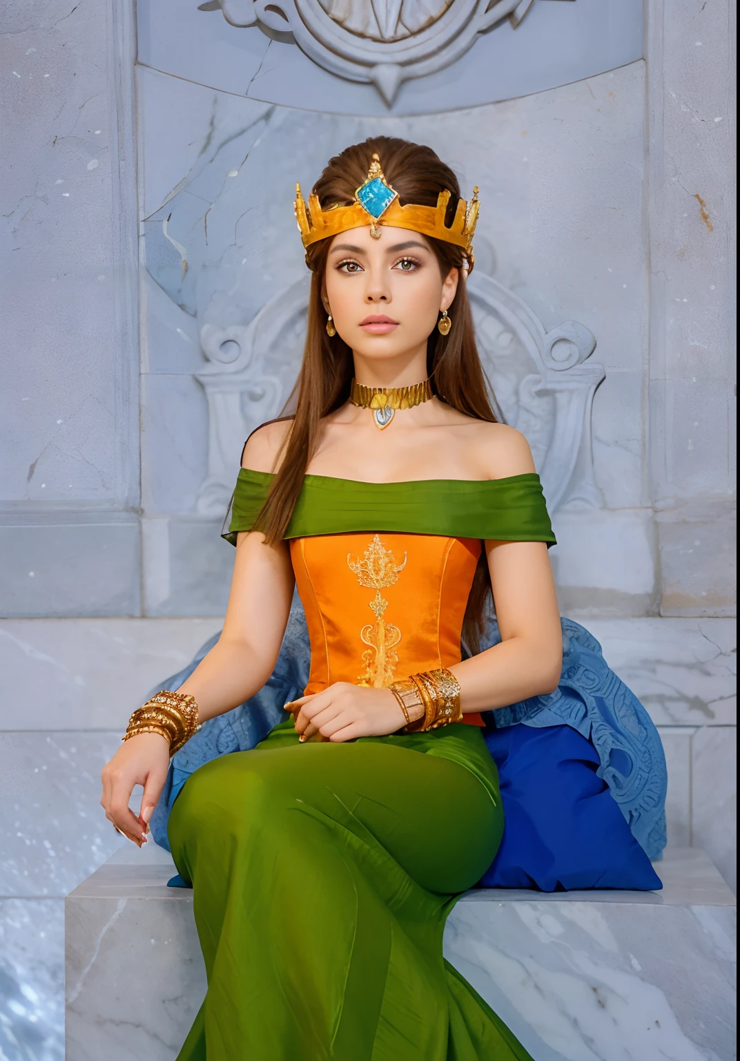 A 23-year-old queen, Mujercita, ojos azules, brown hair, corona de cobre, Prisma azul claro, collar de metal dorado, Red Neoclassical Bracelet, Ojos azul claro, vestido medieval verde, Vestido medieval naranja, Gothic finish, seated on the white marble throne