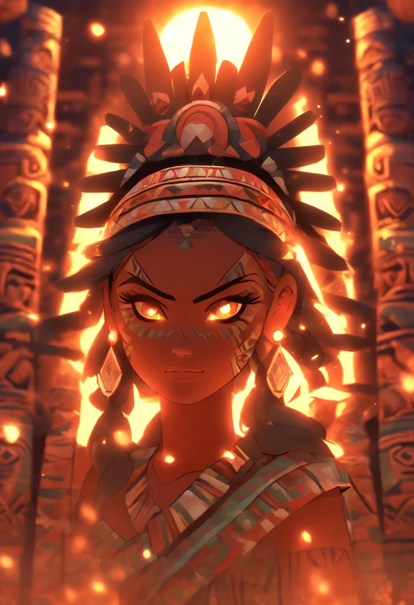 (((Aztec Goddess))) best quality, ultra-high resolution, 4K detailed CG, masterpiece, Coyolxauhqui ,moon goddess, Aztec mythology,woman,moonlight, Aztec temple, Aztec clothing, night, Mexico, aesthetics, beautiful image, centered on the screen