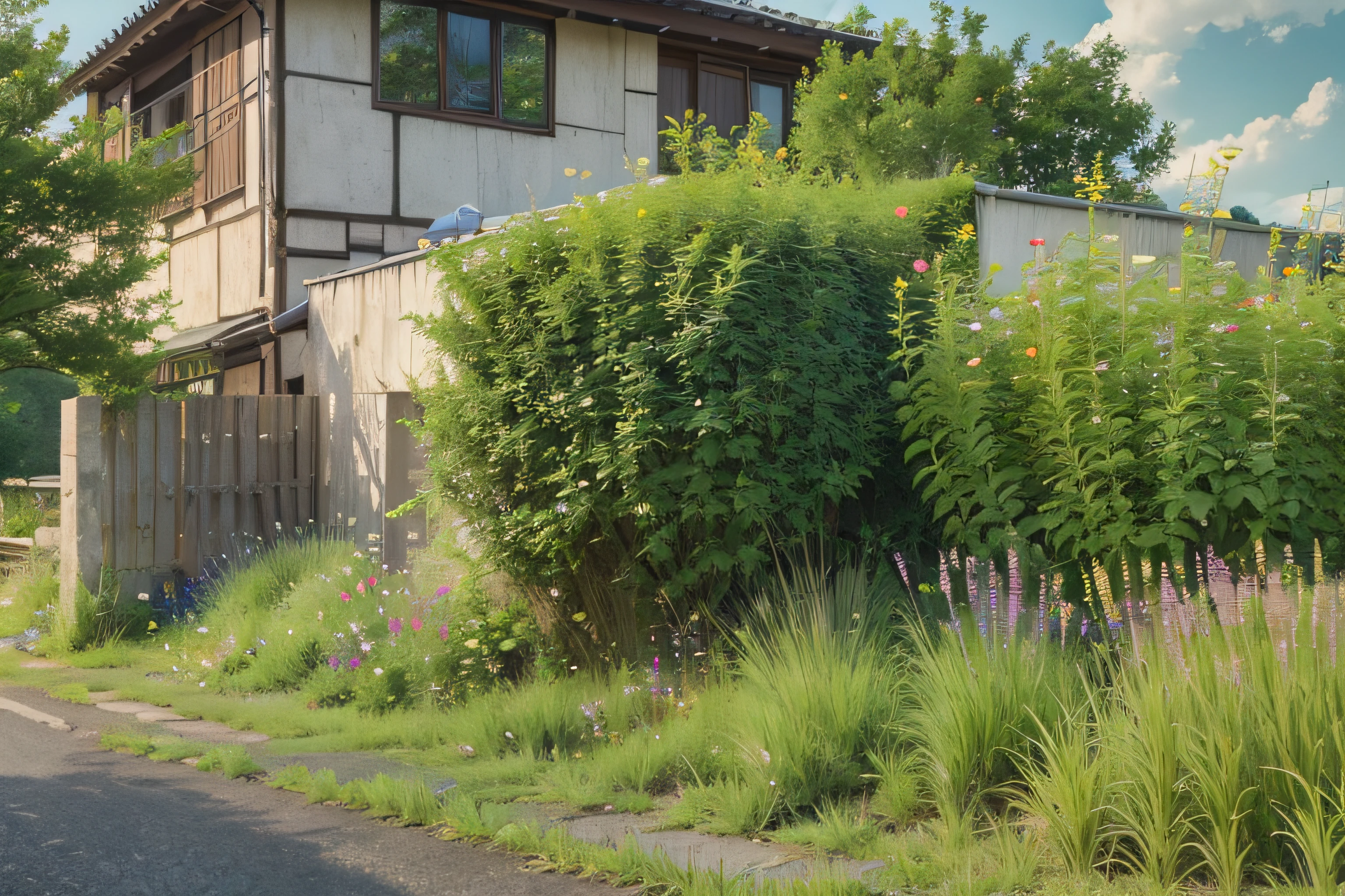 There are a lot of shrubs and wild plants on the side of the cement road。Weeds in the countryside、earthy、Dogtail,phragmites,,Dusk effect。