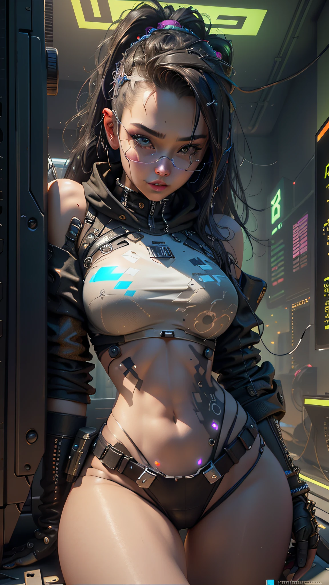 ((Best Quality)), ((Masterpiece)), (Very detailed:1.3), 3D, Beautiful (Cyberpunk:1.3) Female hacker, thick hair, half-exposed breasts, operating computer terminals, computer servers, LCD screens, fiber optic cables, corporate logos, HDR (High Dynamic Range), ray tracing, NVIDIA RTX, Super Resolution, Unreal 5, Subsurface scattering, PBR textures, Post processing, Anisotropic filtering, Depth of field, Maximum sharpness and sharpness, Multi-layered textures, Albedo and specular mapping, surface shading, accurate simulation of light-material interactions, perfect proportions, octane rendering, duotone lighting, low ISO, white balance, rule of thirds, wide aperture, 8K RAW, high efficiency sub-pixels, subpixel convolution, luminous particles,