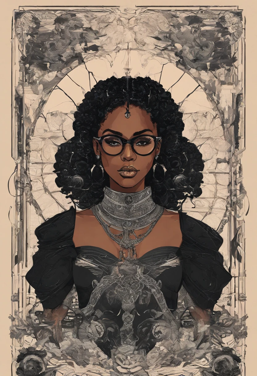 1970's dark fantasy book cover paper art dugerons and dragon style drawing of black girl with boxer braid, round face and round, vintage glasses. Wearing a black outfit with a high collar and ripped sleeves that look like a tank top.