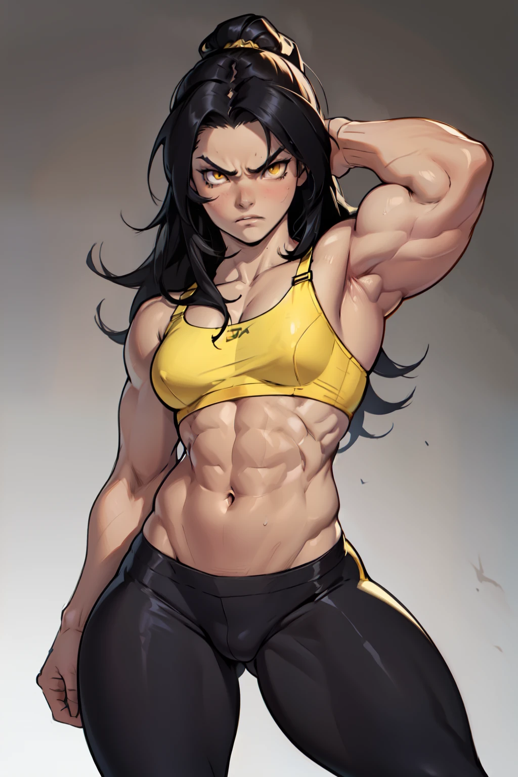 (((((muscular))))), (((thick thighs, small breasts, toned body, 1 girl))), black hair, pale skin, yellow eyes, angry, very long hair, (bra leggings hero pose)