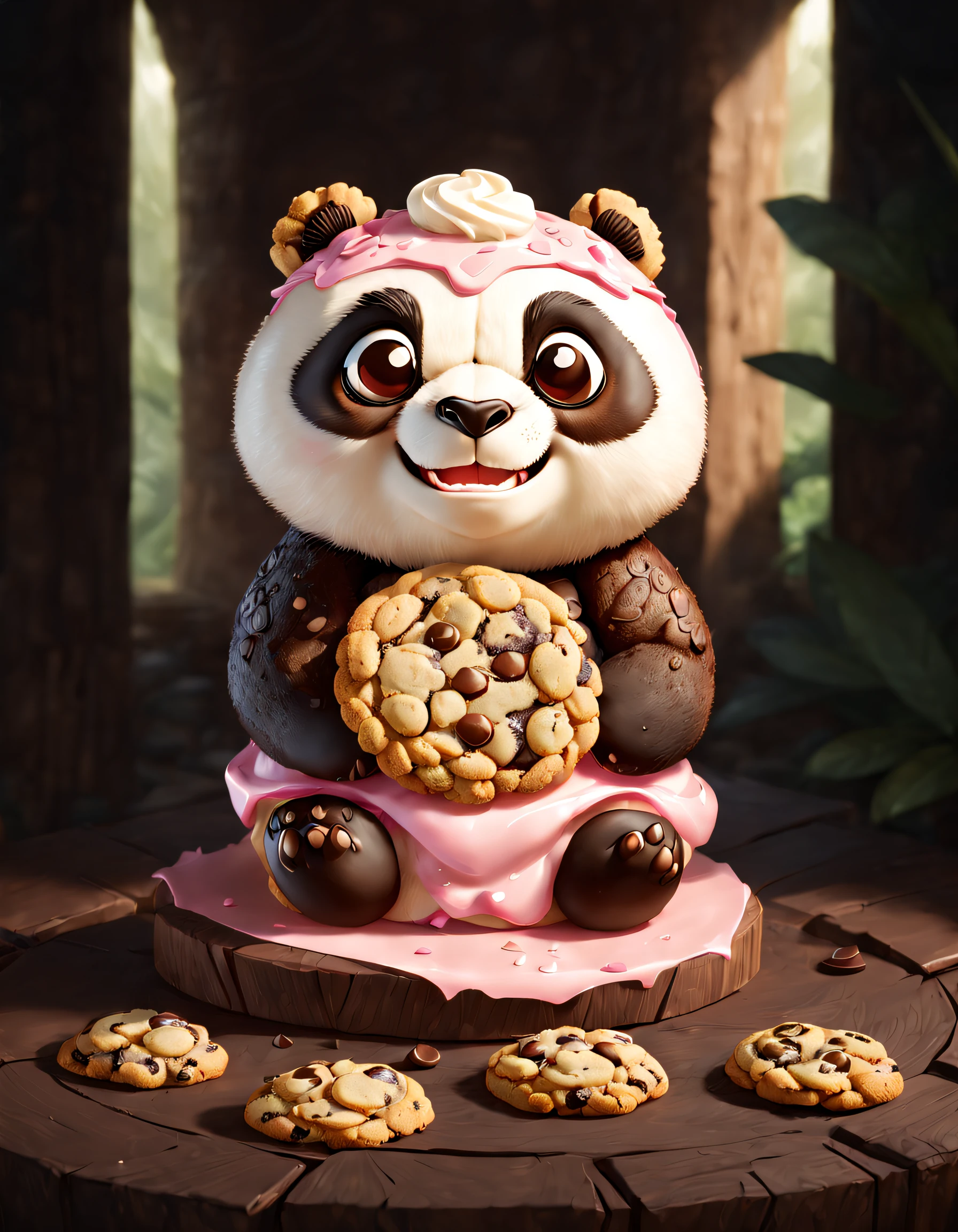 Very cute and appealing anthropomorphic kung fu panda chocolate chip cookies, Place in a box,Pink cream，Supermarket shelf background，ultra cute, looking at viewert, Cinematic lighting, Fantasy art, Dynamic composition, epic realistic, Award-winning food pet illustration