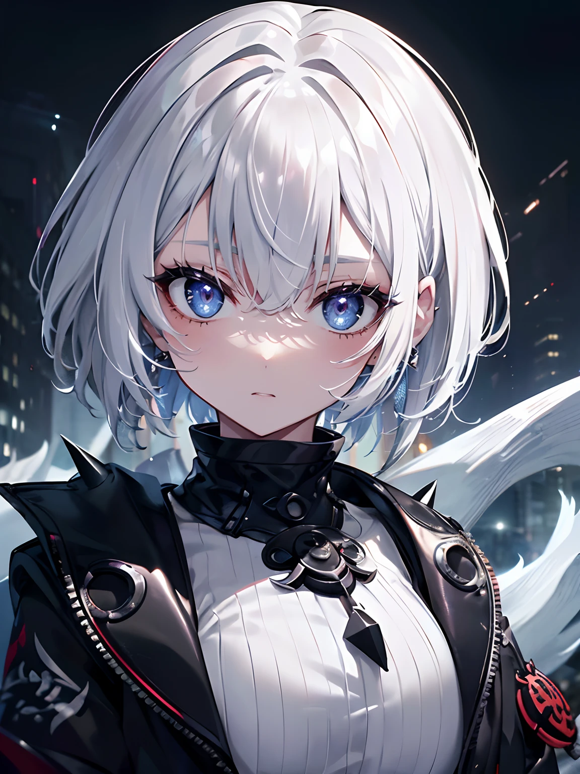 (Masterpiece, Best quality, ultra high resolution),1woman,white hair,short hair,((oni girl 👹)),((bols look)),(black jacket),beautiful and detailed face, detailed eyes, looking at the viewer,(grey theme),in a park,night,close jacket,(spiky hair), (Thick hair),(aesthetic clothings),fringe