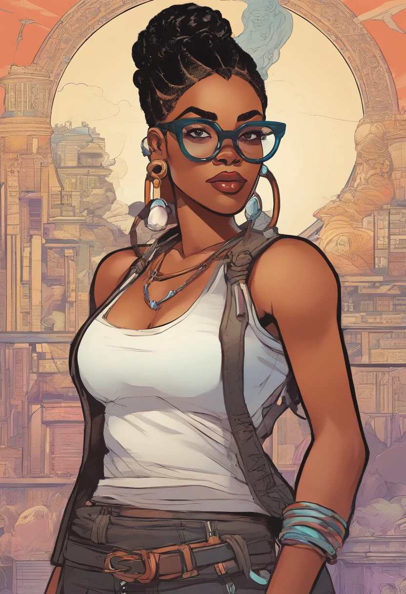 1970's dark fantasy book cover paper art dugeons and dragon style drawing of black girl with boxer braid, round face and round, vintage glasses. Wearing a black outfit with a high collar and ripped sleeves that look like a tank top.