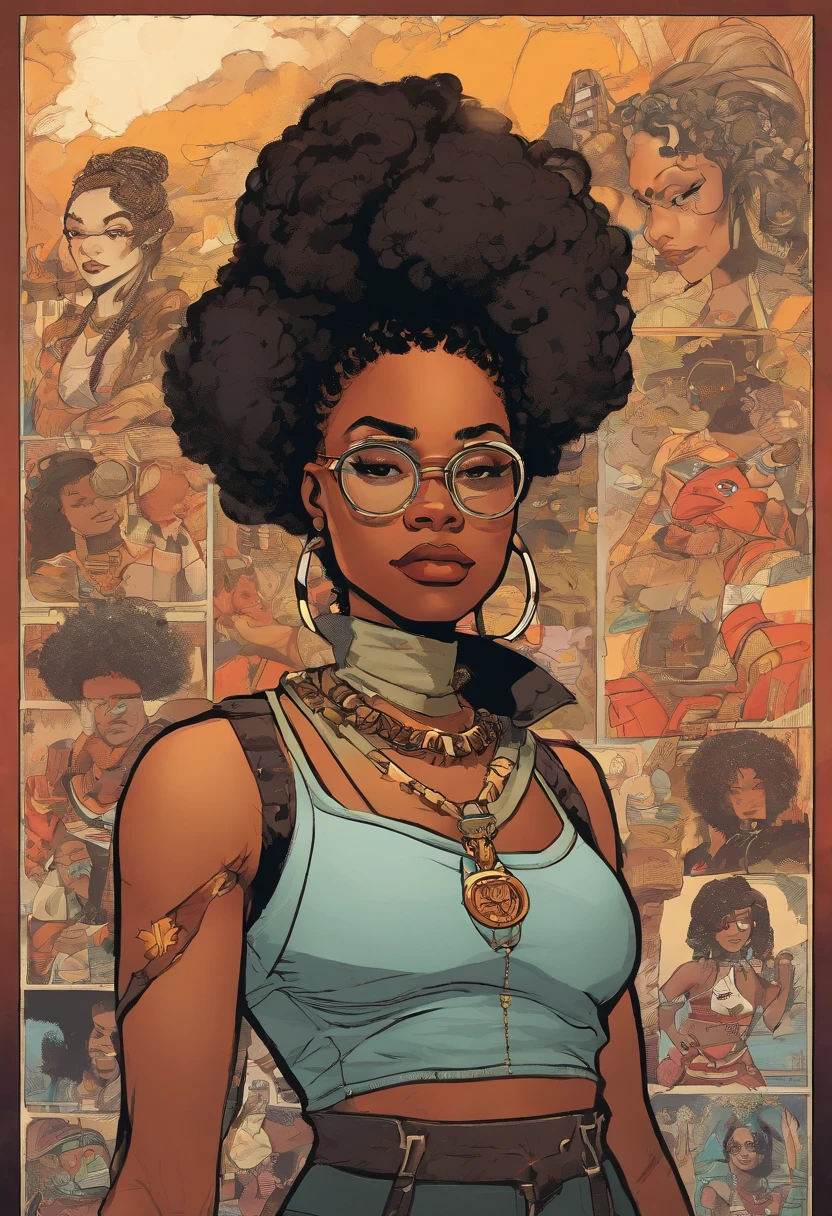 1970's dark fantasy book cover paper art dugeons and dragon style drawing of black girl with boxer braid, round face and round, vintage glasses. Wearing a black outfit with a high collar and ripped sleeves that look like a tank top.