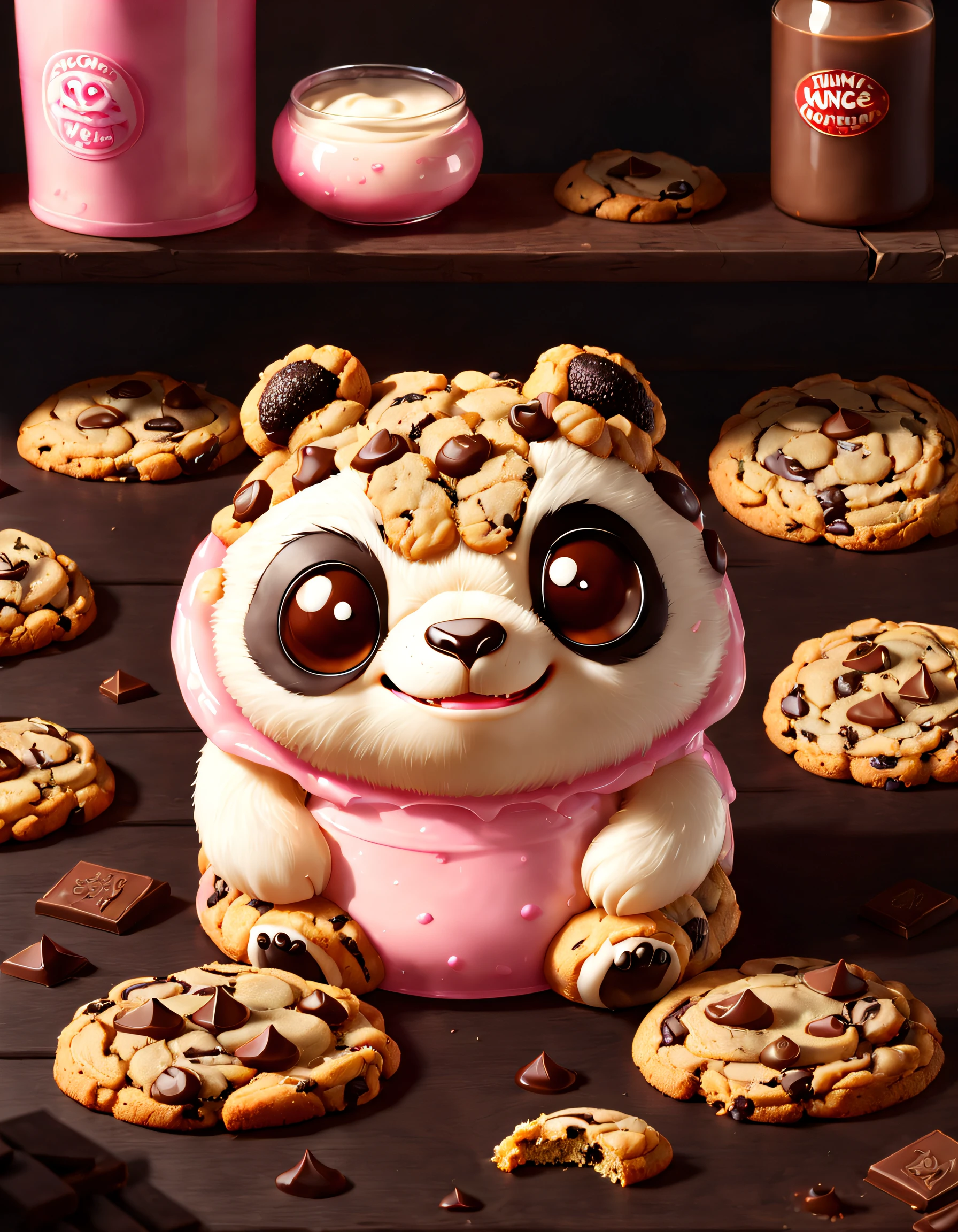 Very cute and appealing anthropomorphic kung fu panda chocolate chip cookies, Place in a box,Pink cream,Supermarket shelf background,ultra cute, looking at viewert, Cinematic lighting, Fantasy art, Dynamic composition, epic realistic, Award-winning food pet illustration