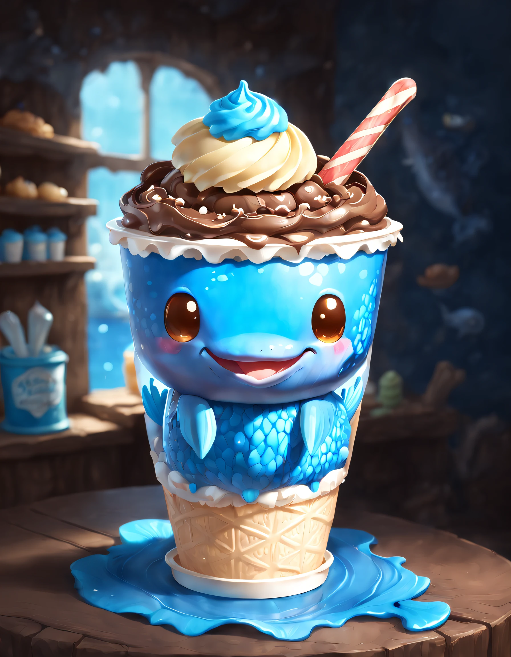 Very cute and appealing anthropomorphic blue whale paper cup popsicles, Chocolate icing, Dessert shop background，kawaii, looking at viewert, Cinematic lighting, Fantasy art, Dynamic composition, epic realistic, Award-winning food pet illustration