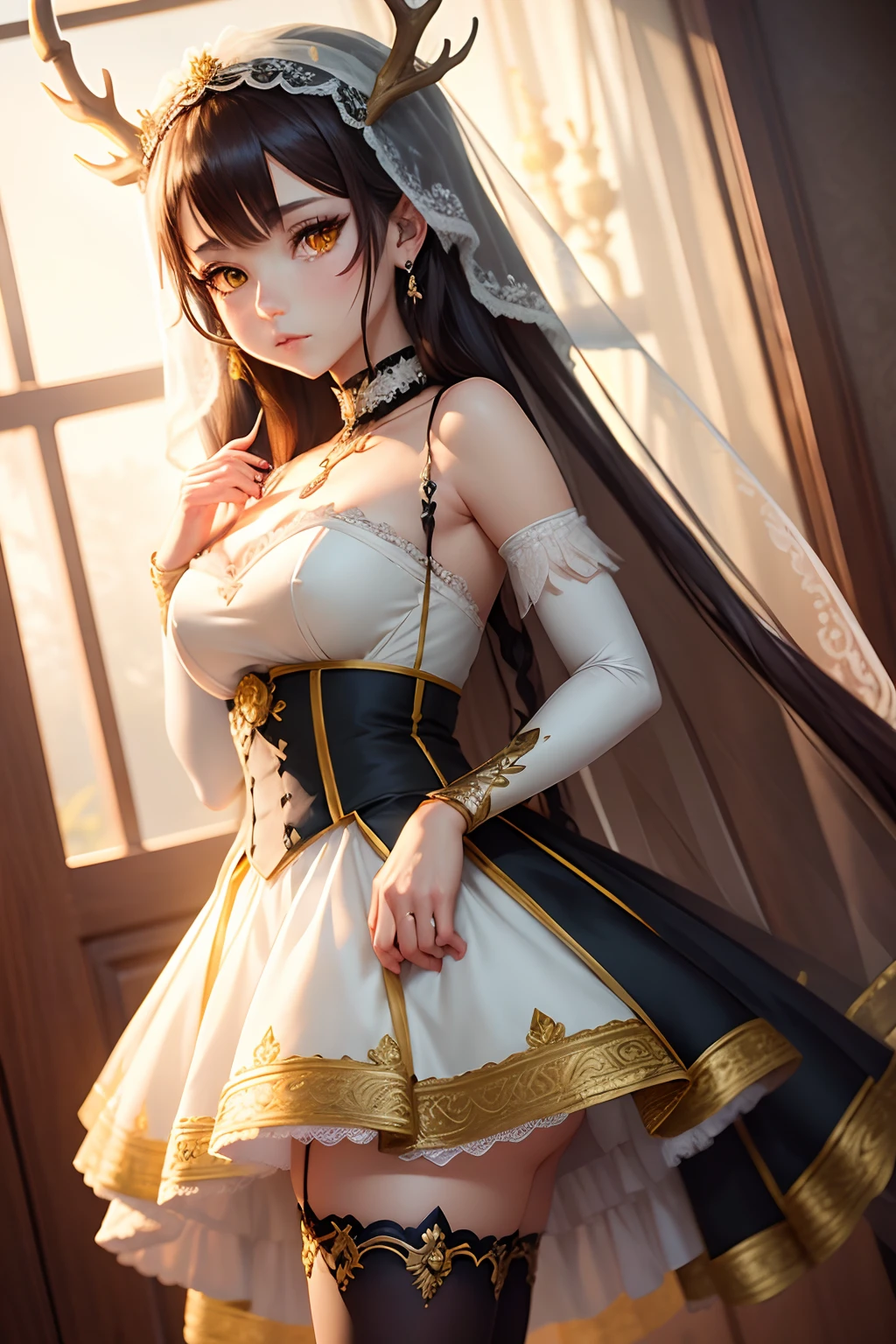 Ceres fauna , anime style , bridal , 1girl , veil , virtual_youtuber , jewelry, thighhighs, antler , yellow eyes , braid , earrings , bridal_veil