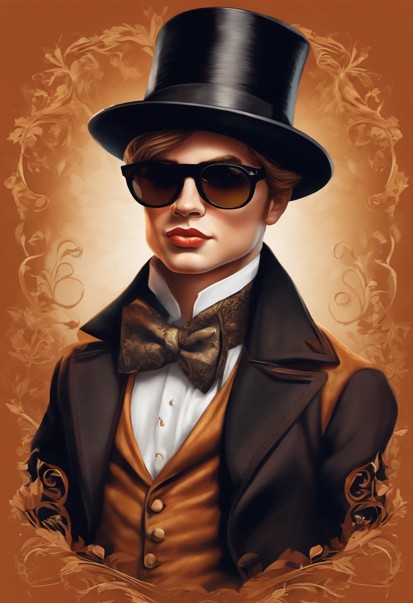 caricature illustration of hanson boy with top hat and sunglasses, t-shirt design, ellegant