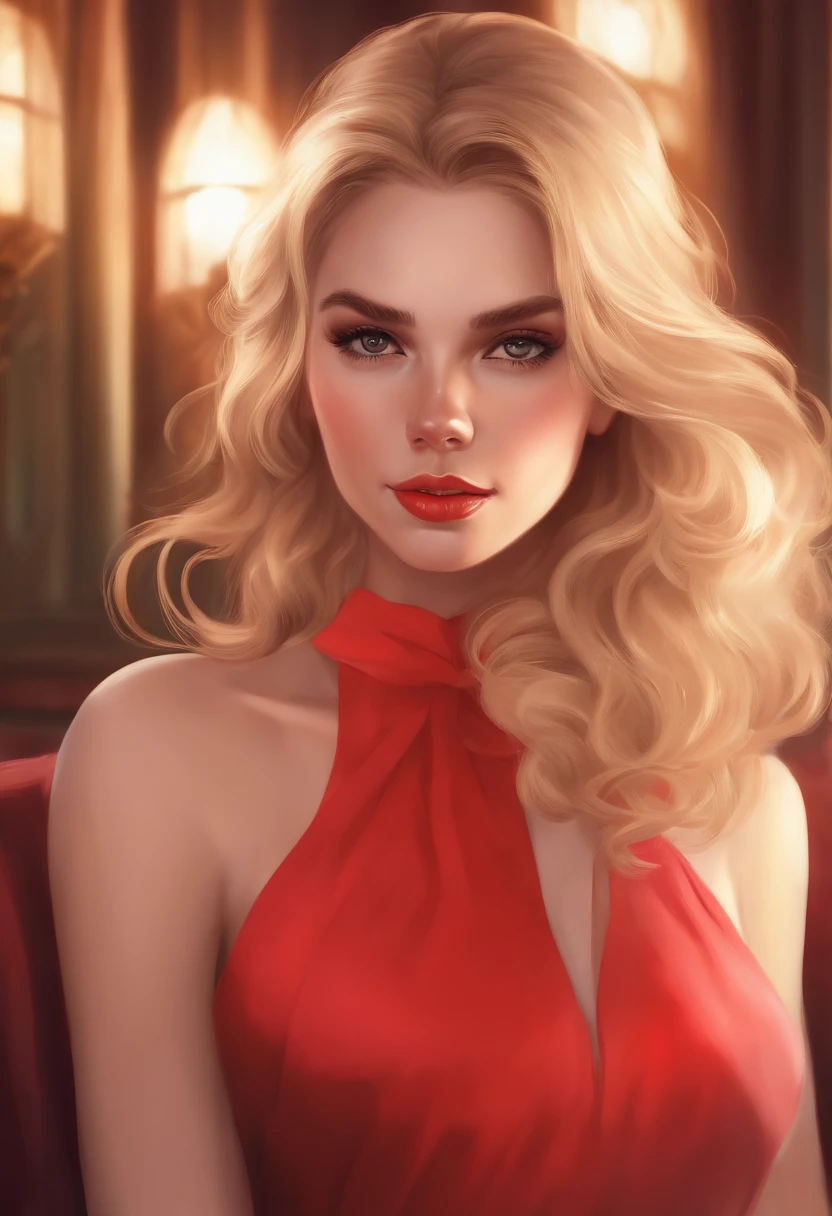 Aesthetic artwork, a woman, blonde hair, black eyes, straight hair, flushed cheeks, full lips, mischievous gaze, light brown skin, sexy build, red dress