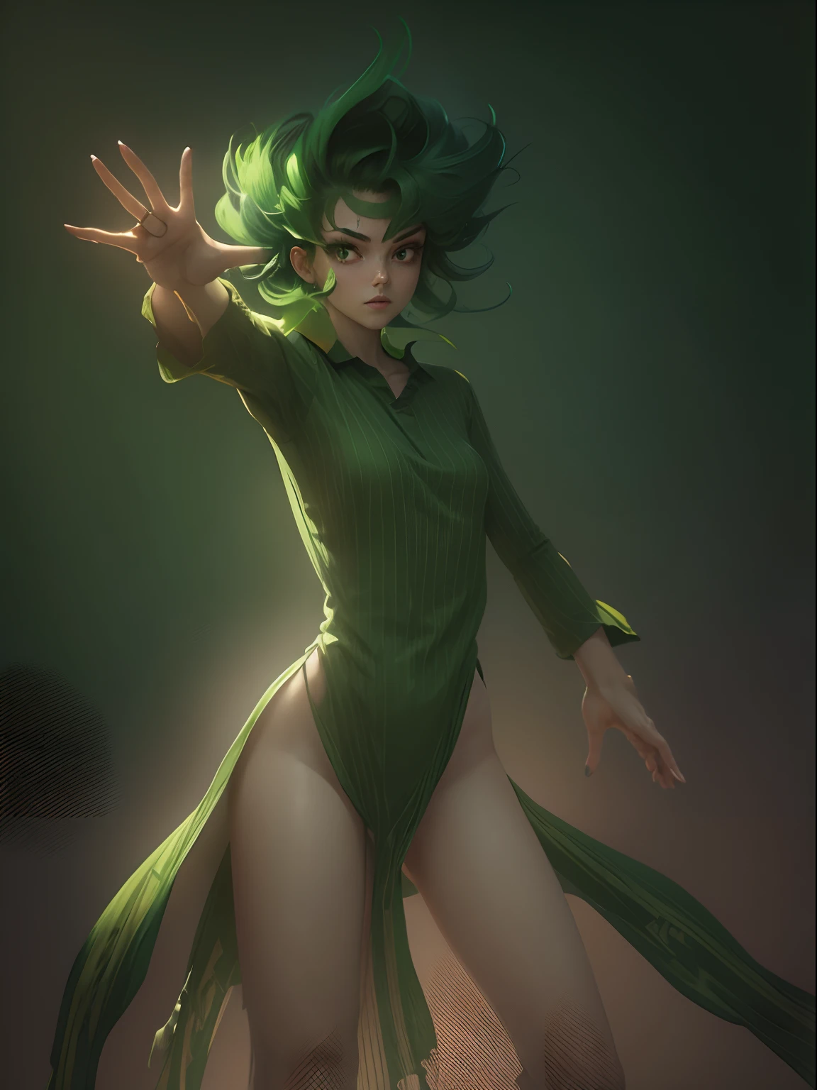 Green hair, green shirt, red balleyes