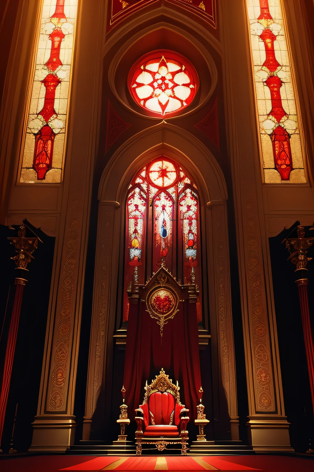 throne of darkness, red and gold, huge room, red stained glass in the shape of a star above the throne, red and gold banners on the side walls