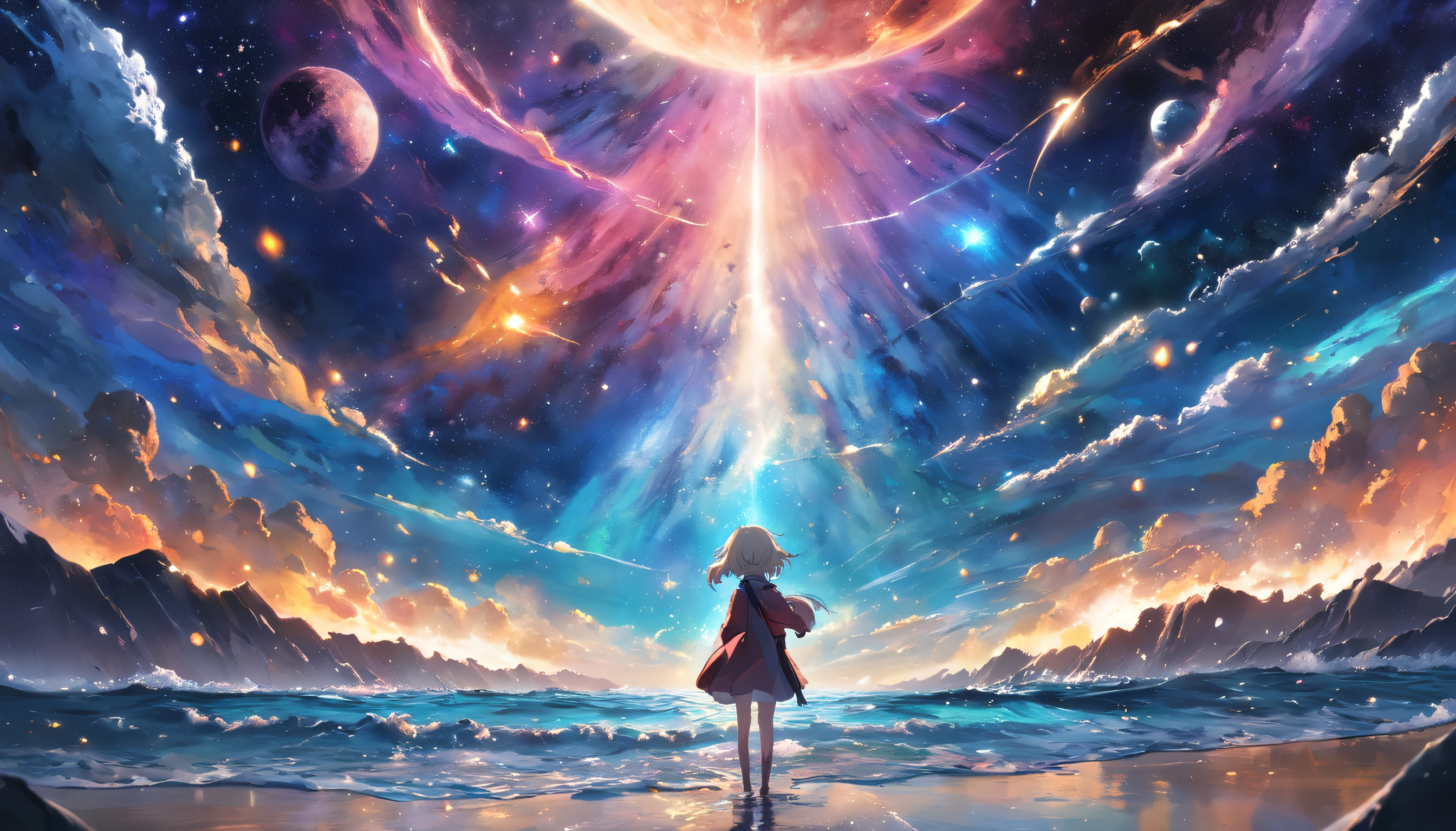 A woman standing on a beach looking at a star filled sky - SeaArt AI