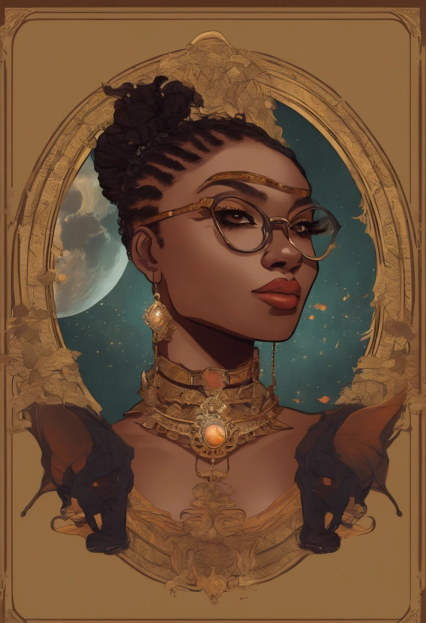 "Please create an image that resembles the cover of a 1970s dark fantasy book, done in a cut-out paper art style. The image should depict a young black girl with boxer braids, a round face, and stylish glasses. vintage. She is dressed in a black outfit that has a high collar and ripped sleeves that resemble a sleeveless vest. The atmosphere of the image should be mysterious and fantasy, with elements that refer to the aesthetics of dragons and dungeons in fantasy games. Girl should be the central focus of the image, with sharp details and colors that enhance the dark 1970s theme."