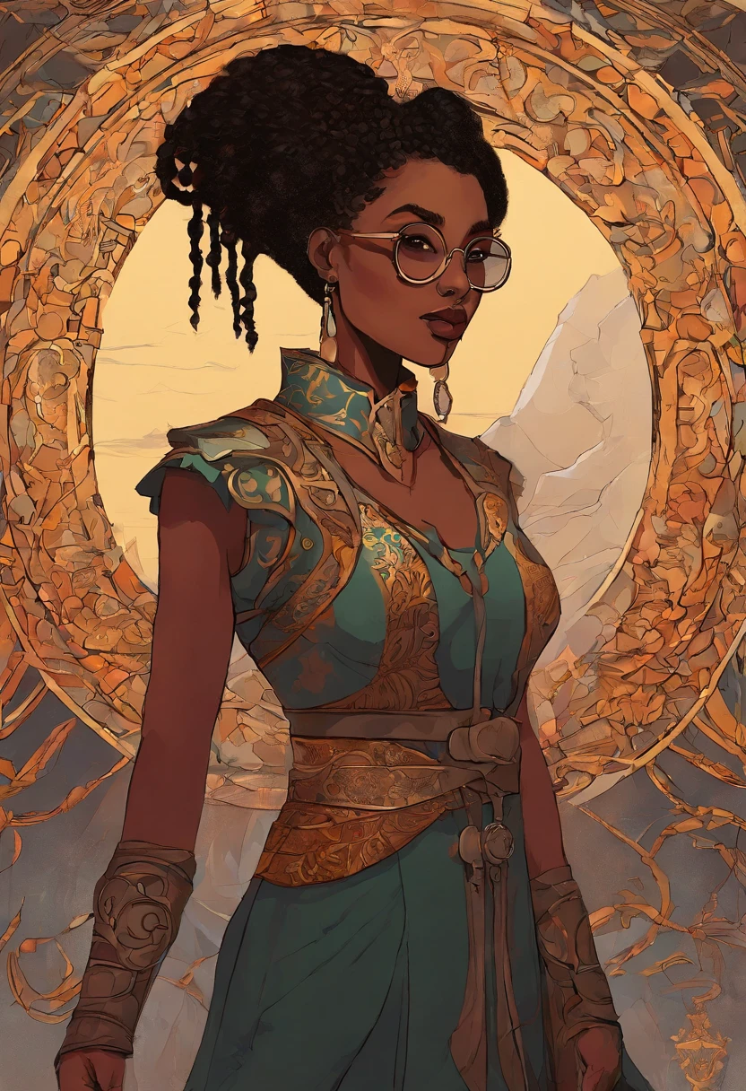 "Please create an image that resembles the cover of a 1970s dark fantasy book, done in a cut-out paper art style. The image should depict a young black girl with boxer braids, a round face, and stylish glasses. vintage. She is dressed in a black outfit that has a high collar and ripped sleeves that resemble a sleeveless vest. The atmosphere of the image should be mysterious and fantasy, with elements that refer to the aesthetics of dragons and dungeons in fantasy games. Girl should be the central focus of the image, with sharp details and colors that enhance the dark 1970s theme."