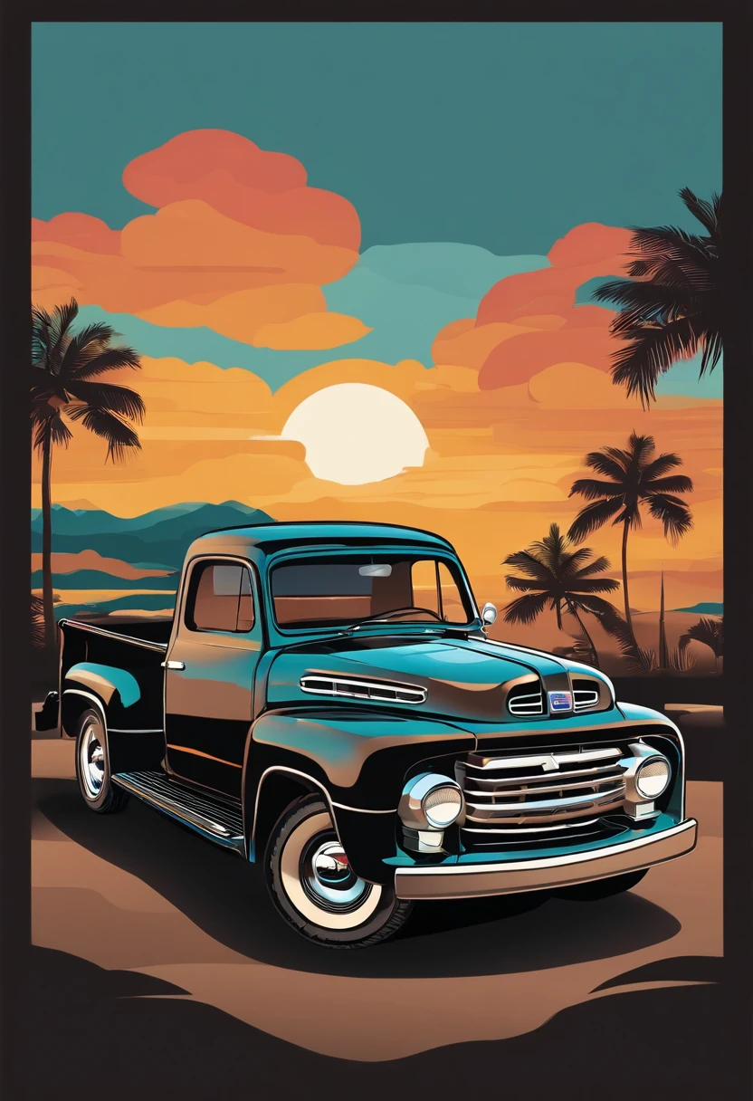 artwork of t-shirt graphic design, flat design , one Ford F-150 1953 , miami street , colorful shades, highly detailed clean, vector image, photorealistic masterpiece, professional photography, realistic car, isometric, vibrant vector, solid flat black background, using Boho style