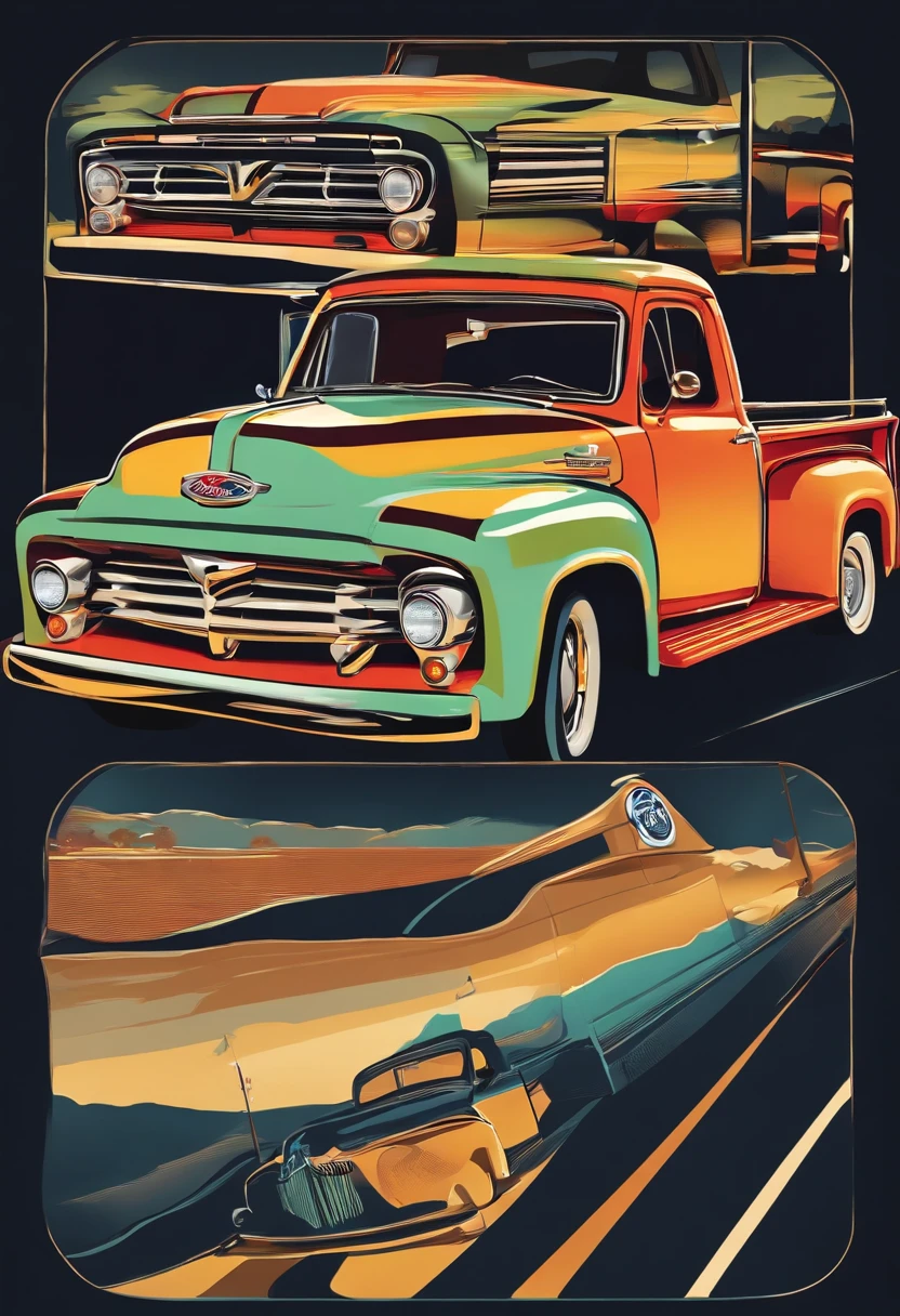 artwork of t-shirt graphic design, flat design , one Ford F-150 1953 , miami street , colorful shades, highly detailed clean, vector image, photorealistic masterpiece, professional photography, realistic car, isometric, vibrant vector, solid flat black background, using Boho style