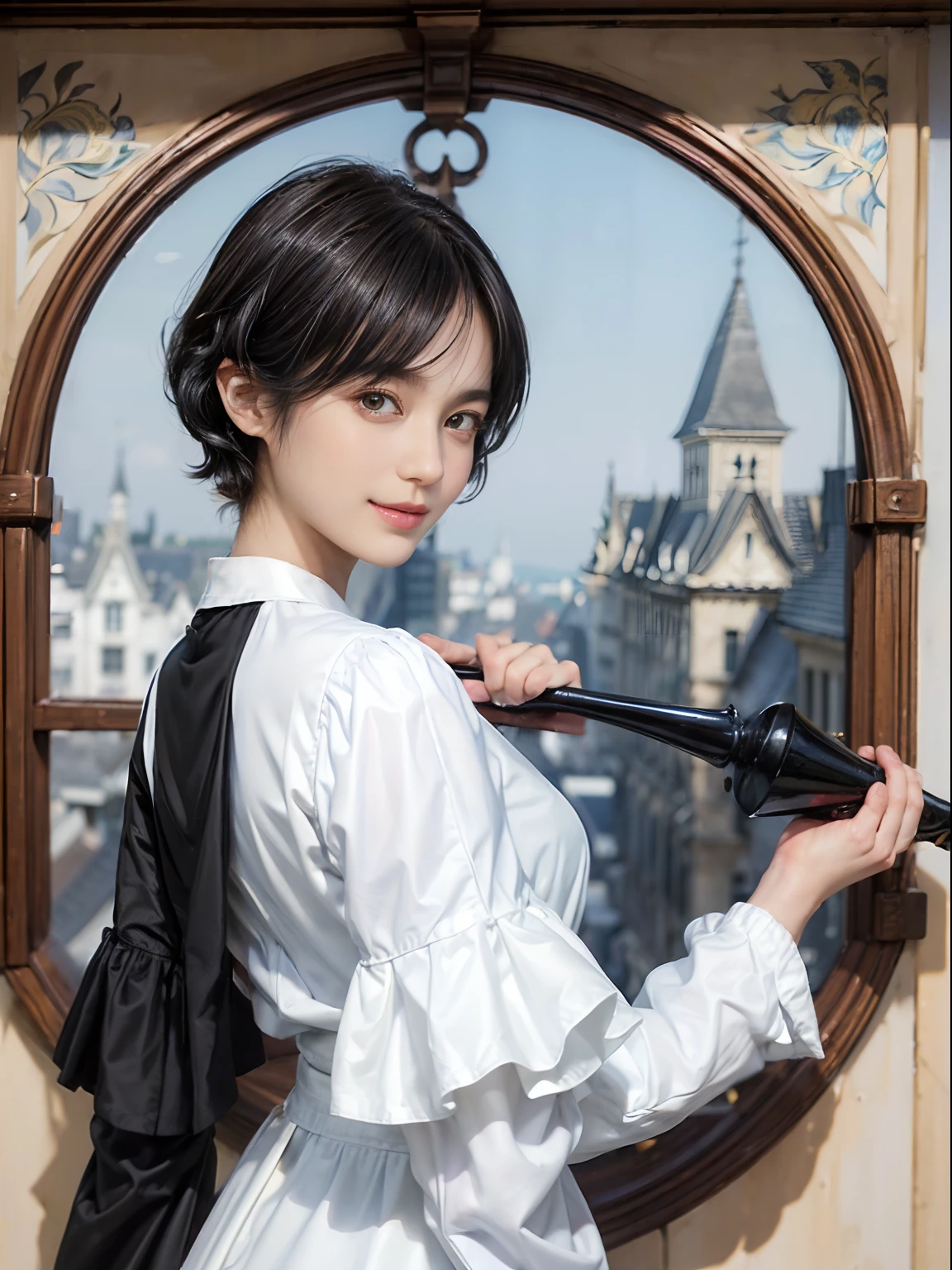 (trickart:1.3), (trompe l'oeil), Wonder Painting, (Maurits Escher:1.2), (Maurits Escher), (Black Shorthair:1.3), (a 20 yo woman), (A hyper-realistic), (Masterpiece), (8KUHD), Beautiful woman, a smile, (Wearing white clothes:1.3), breast