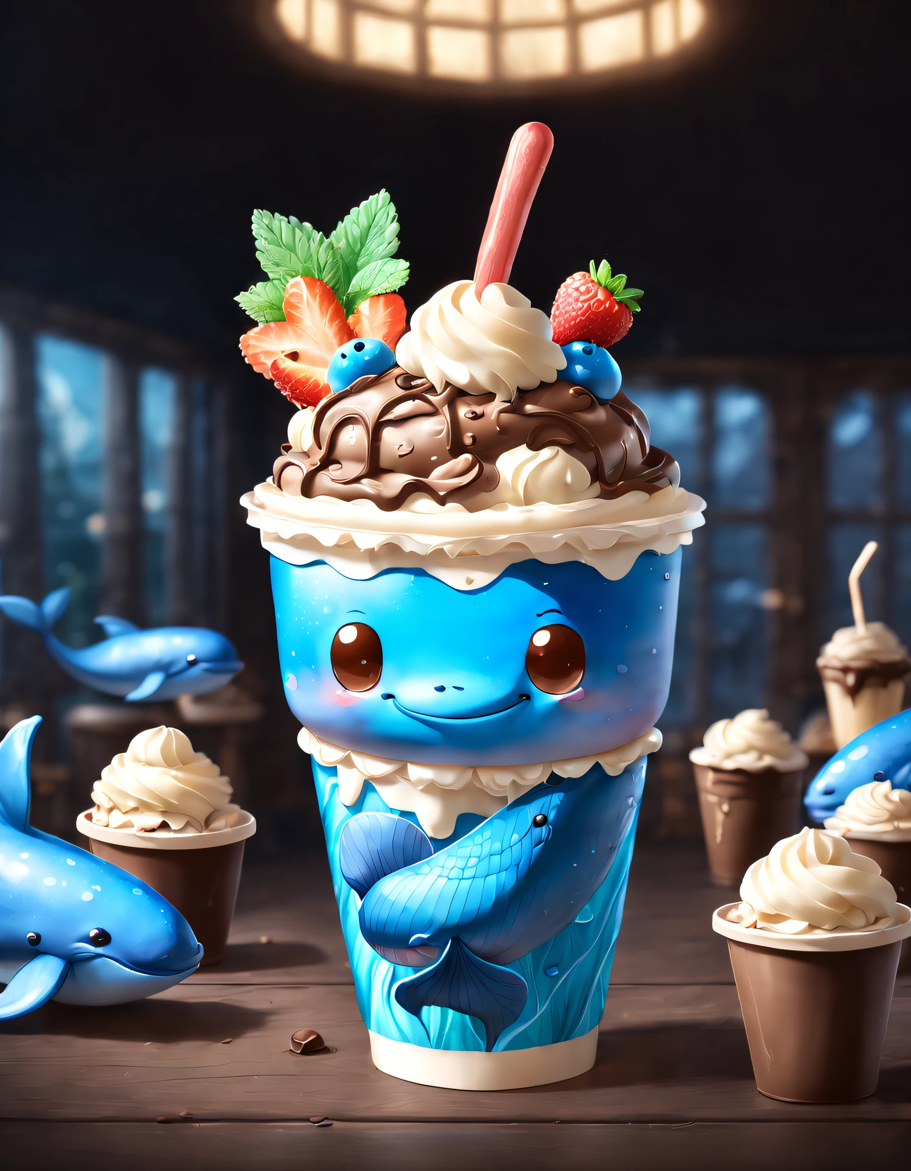 Very cute and appealing anthropomorphic blue whale paper cup popsicles, Chocolate icing, Dessert shop background，kawaii, looking at viewert, Cinematic lighting, Fantasy art, Dynamic composition, epic realistic, Award-winning food pet illustration