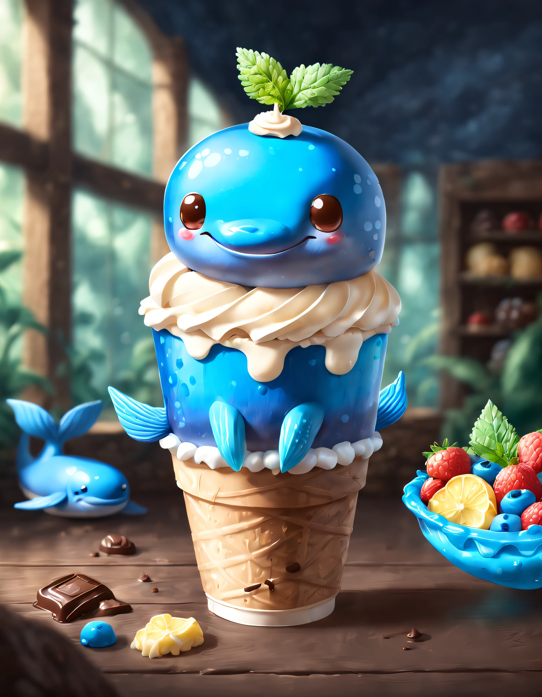 Very cute and appealing anthropomorphic blue whale paper cup popsicles, Chocolate icing, Dessert shop background,kawaii, looking at viewert, Cinematic lighting, Fantasy art, Dynamic composition, epic realistic, Award-winning food pet illustration