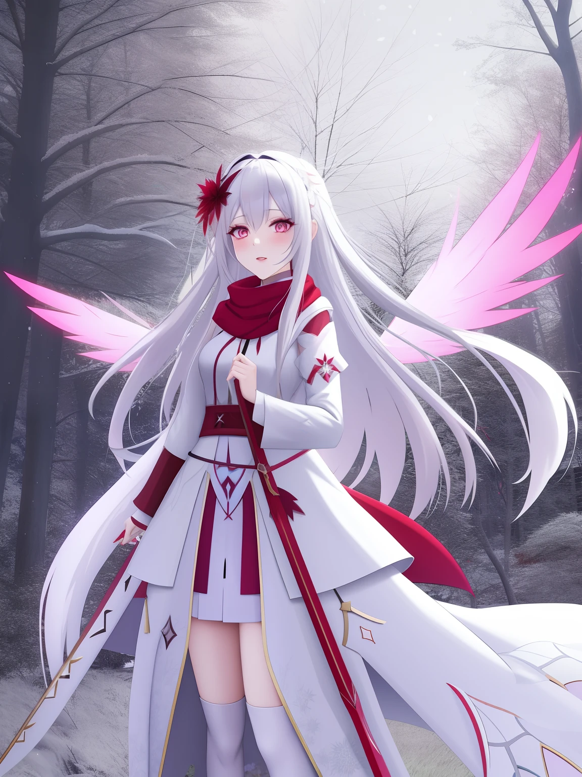 Anime game Arcane Garden's of the Great White Empire - Crazy fairy, snow white skin, long hair with straight locks, ash hair, pink empty eyes, white feather wings folded down, long white and ash scarf, white and ash dress with a short skirt, scarlet patterns of tree branches from the Ash Garden in the background, dark scarlet patterns of snowflakes on the dress, long burgundy socks, dark scarlet boots