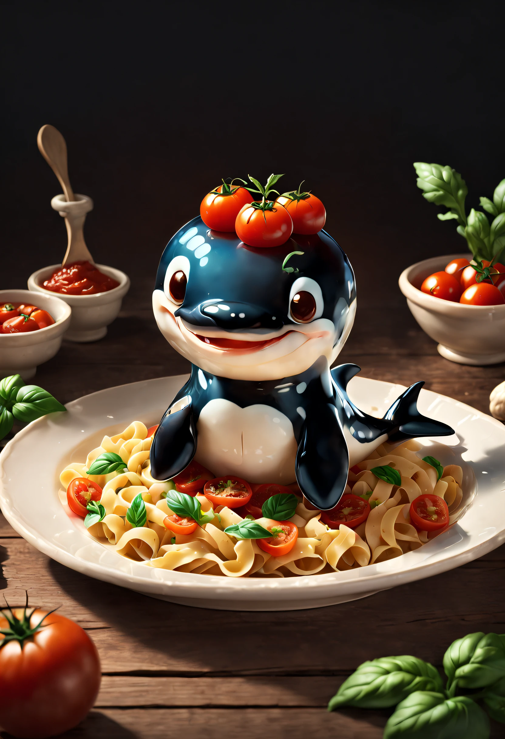 Very cute and appealing anthropomorphic killer whale pasta, served on a plate,Top with tomato sauce，Western restaurant background，kawaii, looking at viewert, Cinematic lighting, Fantasy art, Dynamic composition, epic realistic, Award-winning food pet illustration