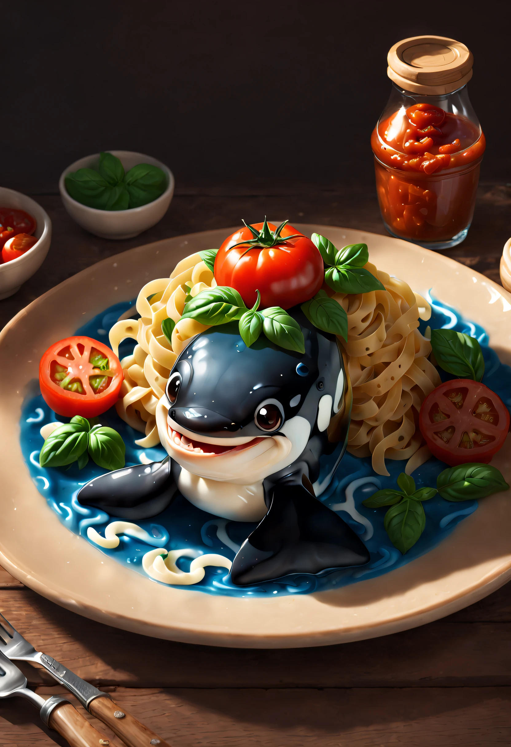 Very cute and appealing anthropomorphic killer whale pasta, served on a plate,Top with tomato sauce，Western restaurant background，kawaii, looking at viewert, Cinematic lighting, Fantasy art, Dynamic composition, epic realistic, Award-winning food pet illustration