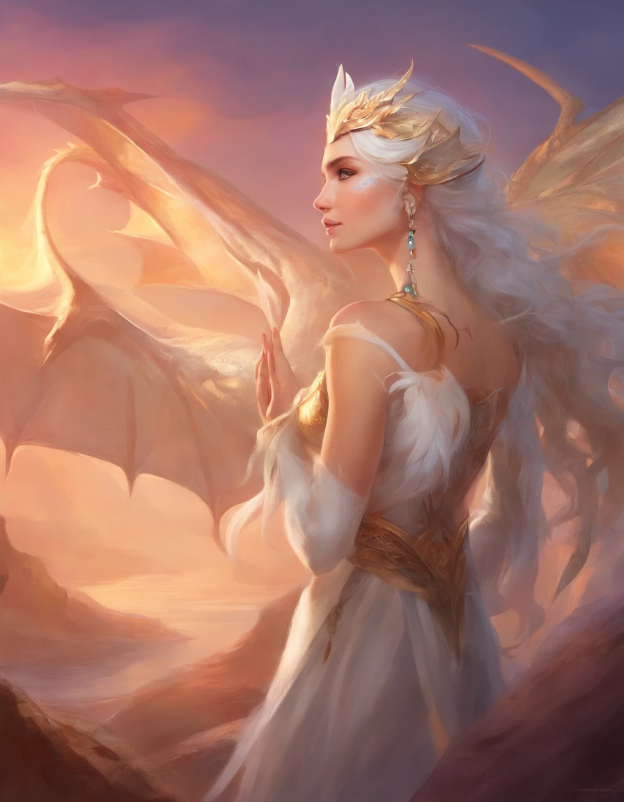 masterpiece, best quality, movie still, 1woman, dragon woman, no wings, bright, happy, warm soft lighting, sunset, white hair, fantasy, warlock, fantasy clothes, dragonborn, white scales, dragon woman, white horns, horns, dragon