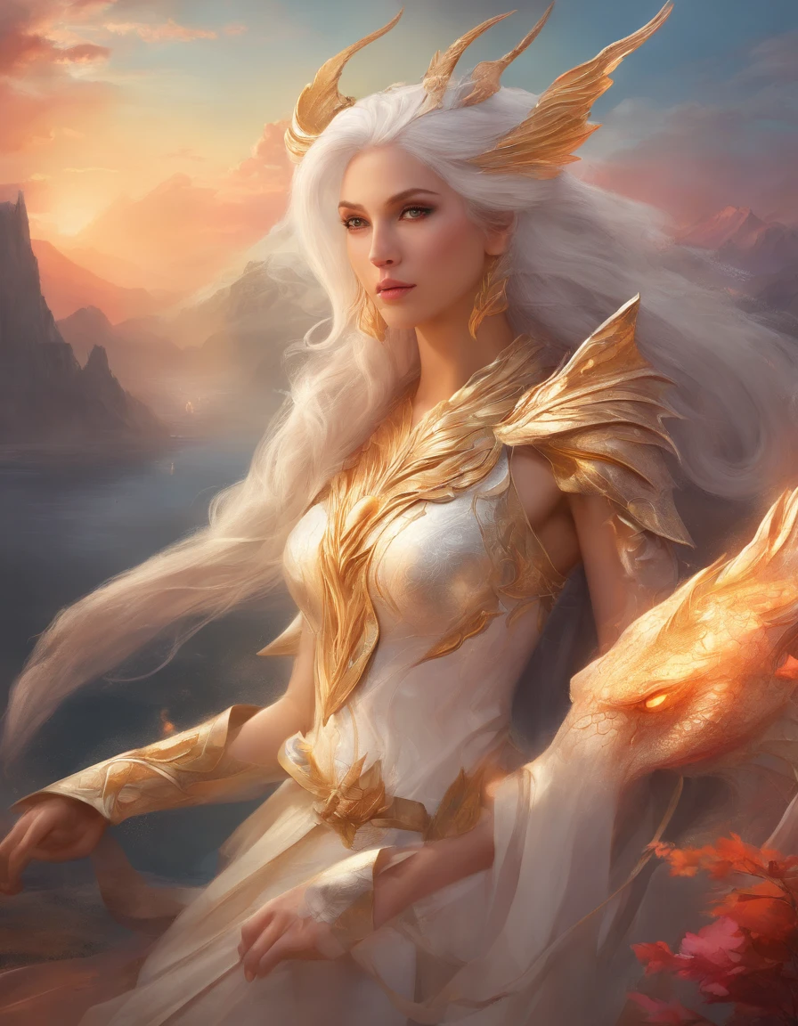 masterpiece, best quality, movie still, 1woman, dragon woman, no wings, bright, happy, warm soft lighting, sunset, white hair, fantasy, warlock, fantasy clothes, dragonborn, white scales, dragon woman, white horns, horns, dragon