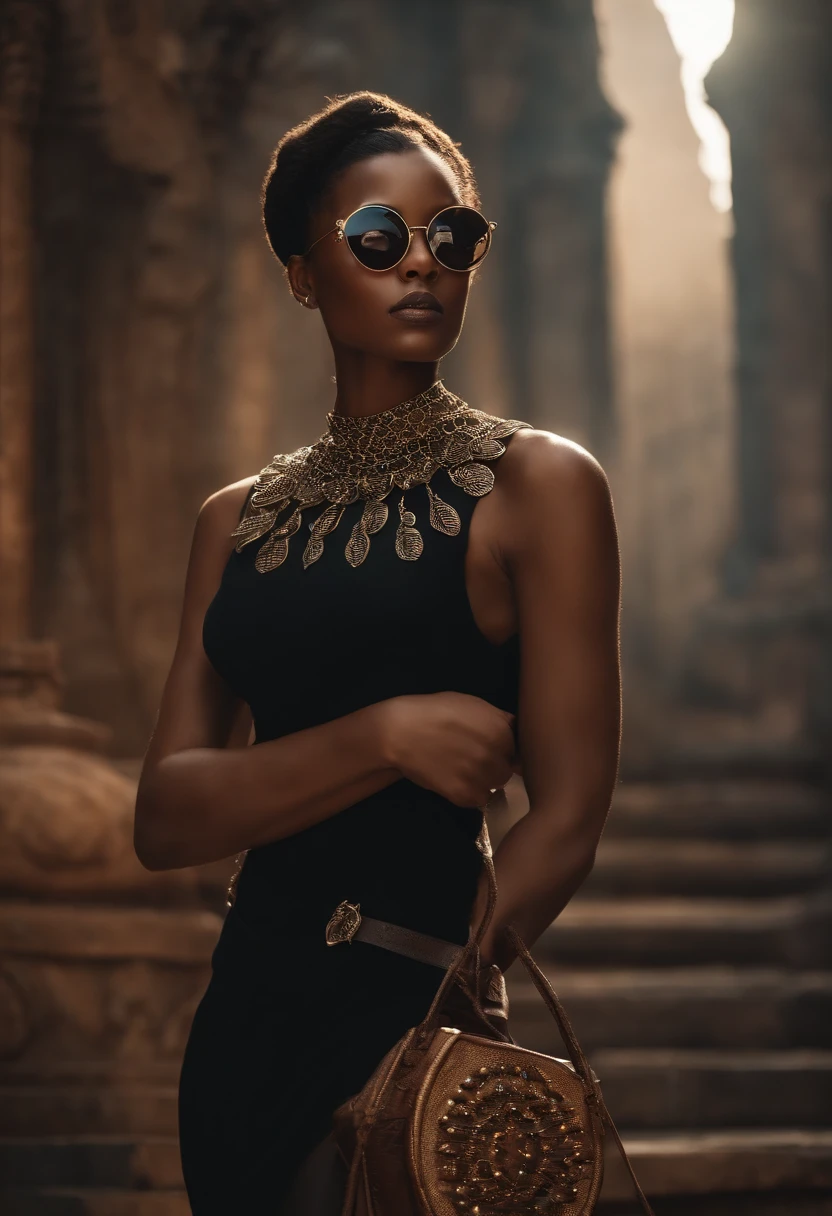 "Please create an image that resembles the cover of a 1970s dark fantasy book, done in a cut-out paper art style. The image should depict a young black girl with boxer braids, a round face, and stylish glasses. vintage. She is dressed in a black outfit that has a high collar and ripped sleeves that resemble a sleeveless vest. The atmosphere of the image should be mysterious and fantasy, with elements that refer to the aesthetics of dragons and dungeons in fantasy games. Girl should be the central focus of the image, with sharp details and colors that enhance the dark 1970s theme."