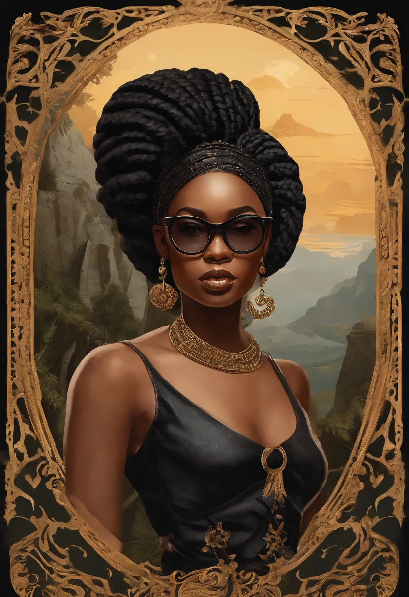 "Please create an image that resembles the cover of a 1970s dark fantasy book, done in a cut-out paper art style. The image should depict a young black girl with boxer braids, a round face, and stylish glasses. vintage. She is dressed in a black outfit that has a high collar and ripped sleeves that resemble a sleeveless vest. The atmosphere of the image should be mysterious and fantasy, with elements that refer to the aesthetics of dragons and dungeons in fantasy games. Girl should be the central focus of the image, with sharp details and colors that enhance the dark 1970s theme."