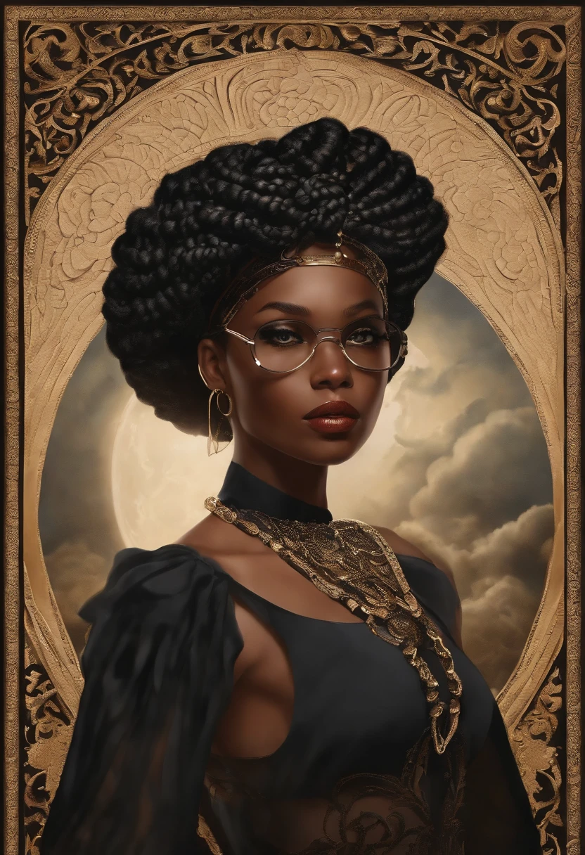 "Please create an image that resembles the cover of a 1970s dark fantasy book, done in a cut-out paper art style. The image should depict a young black girl with boxer braids, a round face, and stylish glasses. vintage. She is dressed in a black outfit that has a high collar and ripped sleeves that resemble a sleeveless vest. The atmosphere of the image should be mysterious and fantasy, with elements that refer to the aesthetics of dragons and dungeons in fantasy games. Girl should be the central focus of the image, with sharp details and colors that enhance the dark 1970s theme."