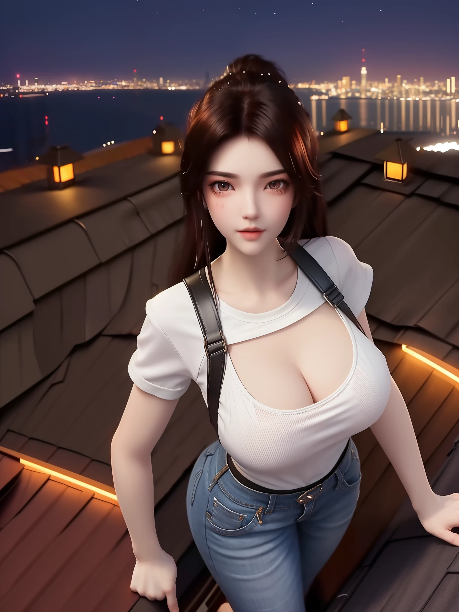 SYWZwangyuanyuan,1girl,high ponytail,,((Midnight, Best quality, 8k, Masterpiece :1.3)), Whole body, Long legs, Sharp focus :1.2, A pretty woman with perfect figure :1.4, Slender abs :1.1, ((Dark brown hair, Big breasts :1.2)), (White tight tshirt, Jean bib, Standing:1.2), ((Night city view, Rooftop:1.3)), Highly detailed face and skin texture, Detailed eyes, Double eyelid